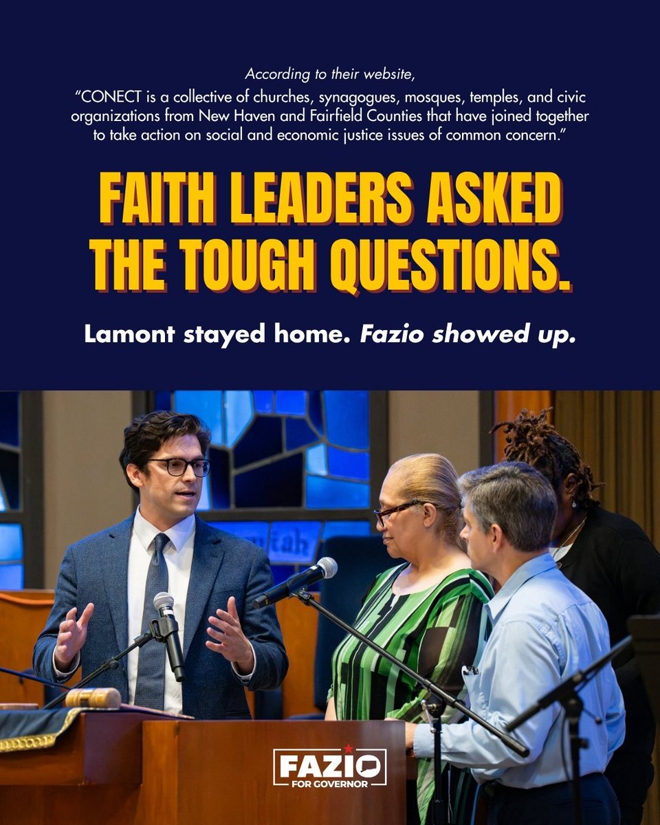 ryanfazio's tweet photo. Ned Lamont had a reserved seat at Sunday’s CONECT gubernatorial candidate forum. 

He never showed. I did, and answered tough questions from faith leaders on criminal justice, housing, immigration, and healthcare.

As governor, I’ll always show up, and I’ll always bring people together to deliver the positive change our state needs.