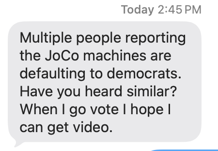 WeThePeopleKS's tweet photo. This is real. Multiple reports to our team that the voting machines in Johnson County are defaulting to the Democrat candidate when selecting a Republican. 

If your race gets stolen, are you still going to champion electronic voting, @RealPatProctor?

@DHSgov 
@AAGDhillon 
@KSAGOffice 
@KansasSOS