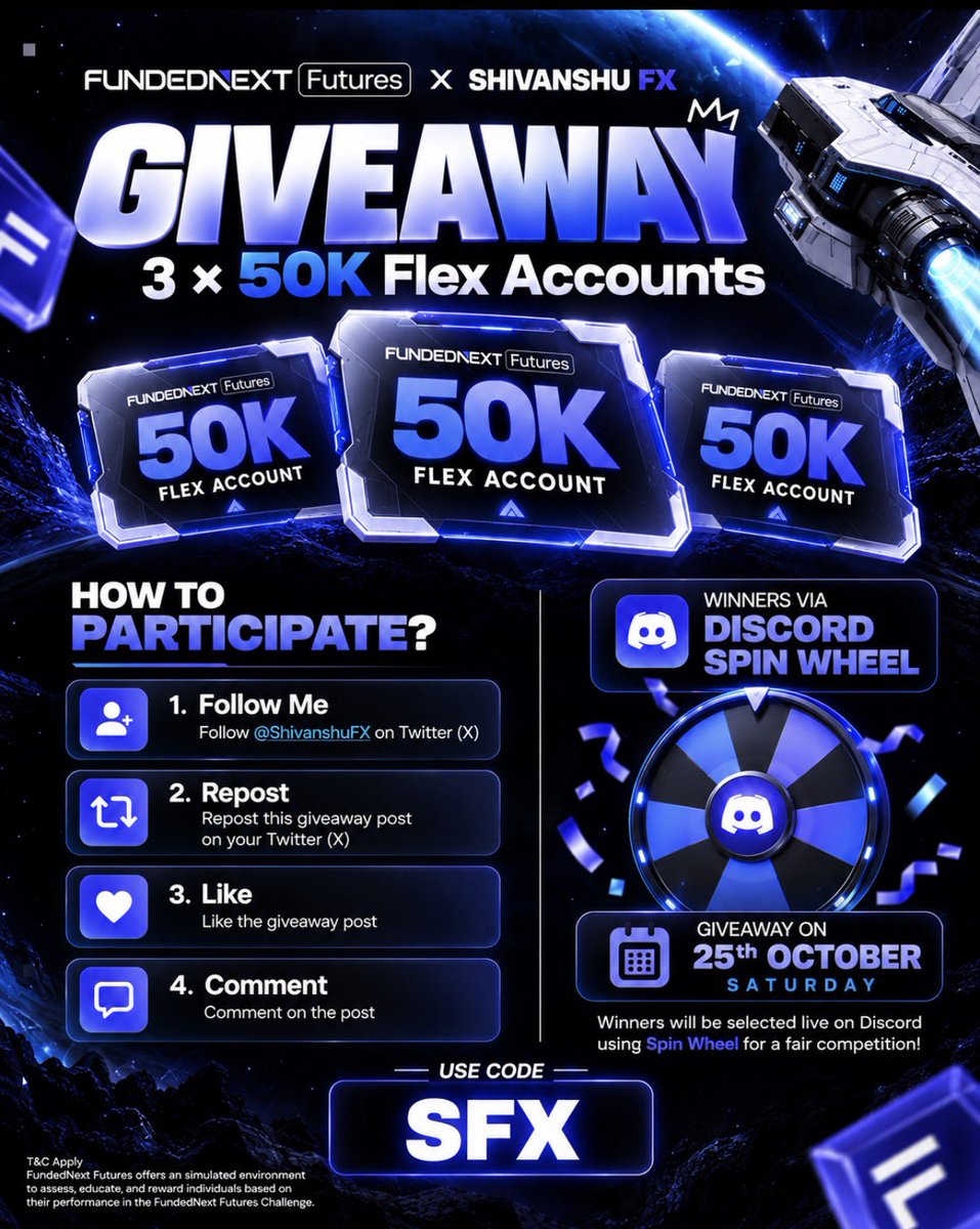 shivanshufx's tweet photo. 🚨 GIVEAWAY ALERT! 🚨

We’re giving away 3 × $50K Flex Accounts with @fnfutures × @shivanshufx 🔥💙

🎁 3 Winners. 3 Accounts. $150K in total account size!

How to participate:
✅ Follow me on Twitter (X)
🔁 Repost this tweet
❤️ Like this post
💬 Drop a comment below

🎡 Winners announced on Sunday , through a live Discord Spin Wheel for a fair and transparent selection!

Discord link in BIO 

Good luck, everyone! 🚀

#FundedNextFutures #Giveaway