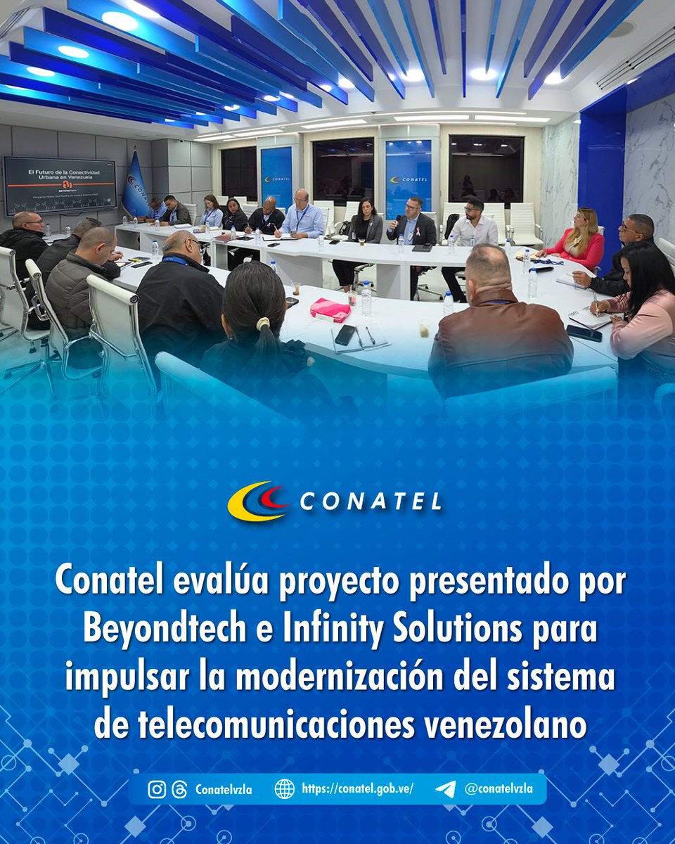 Conatel's tweet photo. Conatel, encabezada por su Director General Enrique Quintana, sostuvo un encuentro con representantes de las empresas Beyondtech e Infinity Solutions.  

​Durante la jornada se evaluó la propuesta técnica para el despliegue de un modelo de Red Neutra de Acceso Abierto (OAN). https://t.co/YRO8Eif7Cx