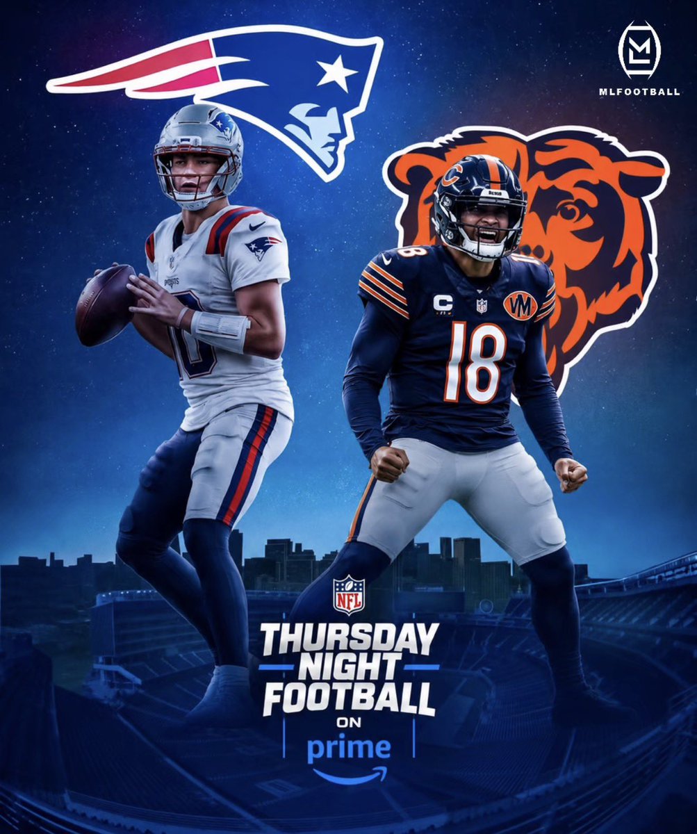 MLFootball's tweet photo. WE HAVE A POTENTIAL SUPER BOWL PREVIEW THIS THURSDAY NIGHT.

THE NEW ENGLAND #PATRIOTS TAKE ON THE CHICAGO #BEARS IN A SHOWDOWN FEATURING TWO OF THE NFL’S BRIGHTEST YOUNG QUARTERBACKS.

DRAKE MAYE VS. CALEB WILLIAMS.

THIS COULD BE THE SUPER BOWL MATCHUP IN FEBRUARY.

🍿🍿🍿 https://t.co/UbSSNAZnHw