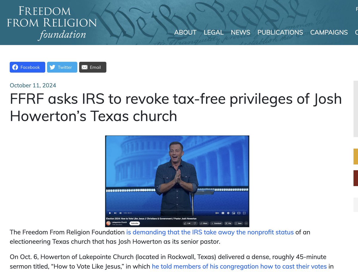 howertonjosh's tweet photo. A couple things on this, because progressives use this to bully and intimidate (conservative) pastors into silence:

1) While I am very clear about the evil of many policies currently being advanced by the DNC and CLEAR moral asymmetry between the proposed policies of the parties, I do not endorse candidates right now.

2) Progressives selectively report churches to the FFRF every year. You'll never see this article about the (primarily AA) churches Democrats are in every week leading up to an election. It's an attempt at street-level lawfare.

3) Articles like this are toothless and you should just chuckle at them. We have a lawyer that argues Religious Liberty cases before SCOTUS at Lakepointe. No church in US History has ever had their tax exempt status removed for a sermon, much less for one in which a candidate was not even endorsed.

4) In the words of a couple knowledgable guys I consulted with, it's a harassment and intimidation tactic to silence pastors.

Intent of this post isn't to be combative, but I have realized this fear has intimidated some pastor friends and after looking into it, wanted to remove that fear.

BOTTOM LINE: You are 100% free to be clear with your people about the (radical) moral asymmetry between the current proposed policies and ideologies of the parties AND to encourage your people to vote as an application of the command to be “the salt of the earth” and to “seek the welfare of the city” and to “live your neighbor”.