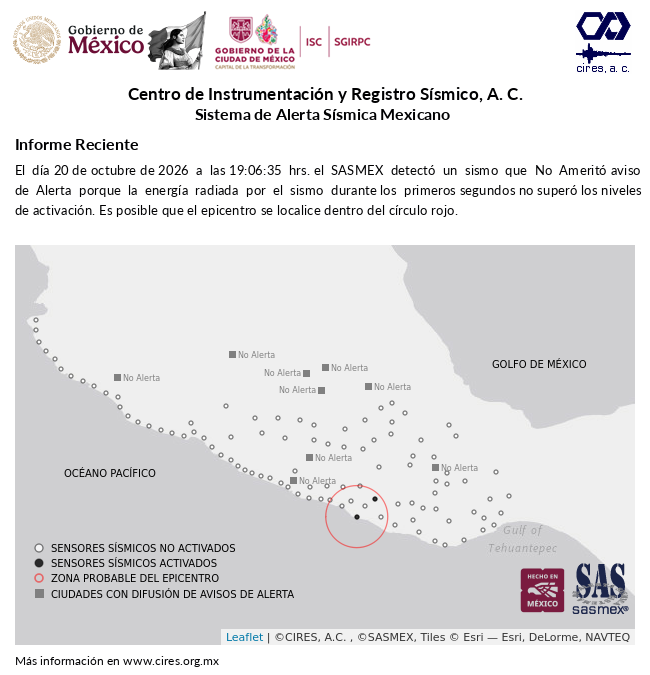SASMEX's tweet photo. Informe preliminar del #Sismo detectado el 20-oct-26 a las 19:06:35 hrs. #TenemosSismo #LaPrevenciónEsNuestraFuerza https://t.co/7dIdYbk6QY