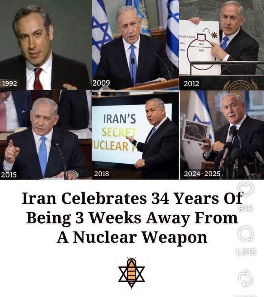 LessWillMorWill's tweet photo. This week Iran is celebrating 34 years of being “Three Weeks Away from finishing their First Nuclear Bomb.”

Impressive run. https://t.co/HoWZbMKWfe