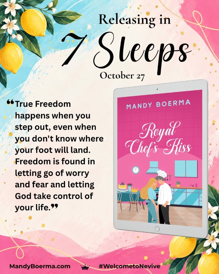 JoyBurk78304224's tweet photo. The countdown is ON! 
Just 7 sleeps until we return to Nevive Castle! 
A widowed palace chef, the woman who gets under his skin, and a secret online friendship.
Sounds like a recipe for romance to me! 
#RoyalChefsKiss #WelcomeToNevive #ChristianRomance #ComingSoon #Countdown https://t.co/cenRsRUDzc