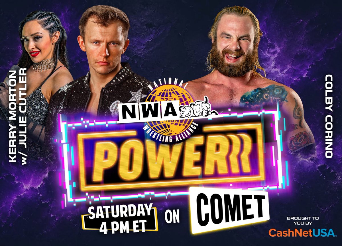 nwa's tweet photo. 𝙎𝘼𝙏𝙐𝙍𝘿𝘼𝙔’𝙎 𝙋𝙊𝙒𝙀𝙍𝙍𝙍 𝙃𝙊𝙐𝙍 
This Saturday at 4 PM (3PM CT), it’s a brand-new episode of 𝙉𝙒𝘼 𝙋𝙊𝙒𝙀𝙍𝙍𝙍 on Comet, and tensions are reaching a BOILING POINT!

⚡️ 𝙃𝙞𝙜𝙝𝙡𝙮-𝘼𝙣𝙩𝙞𝙘𝙞𝙥𝙖𝙩𝙚𝙙 𝙍𝙚𝙢𝙖𝙩𝙘𝙝 ⚡️
“The Climax” @RealKerryMorton with Julie faces “The Prince of Old School” @ColbyCorino once again! After mocking Colby’s near-career-ending neck injury, Morton snatched a surprise victory over Corino at NWA 78! With two second-generation NWA stars whose bitter history extends far beyond the ring, this main event rematch will be a story of REDEMPTION… or REMORSE!

⚡️𝘾𝙖𝙚𝙨𝙖𝙧 𝙫𝙨. 𝙆𝙞𝙣𝙜⚡️
King @TheRealTMurdoch the First and his Royal Court look to crush another reign before it even begins! But who will the “Third Millennium Caesar” @caesarargento recruit to strengthen his own ranks in this royal tag team showdown?!  It’s Caesar vs. King, and only one crown can rule! 

⚡️𝙔𝙤𝙪𝙩𝙝 𝙫𝙨 𝙂𝙪𝙞𝙡𝙚⚡️
 @Jack_Valor_PW n’ @EddieGraysonpw face arguably their toughest challenge to date: former NWA World Tag Team Champions, the embodiments of masked destruction, Blunt Force Trauma!

⚡️ And anything can happen when @DaisyKillNWA’s goes one-on-one with the man who came to Eric Smalls’ aid at NWA 78, Charlie Adams! With BOTH Kill’s hired muscle @HesBiGCuZZO and Smalls at ringside, this match will either settle the score…or reignite all-out WAR!

Catch another all-new, action-packed episode of 𝙉𝙒𝘼 𝙋𝙊𝙒𝙀𝙍𝙍𝙍 on FREE TV!

Watch new episodes of 𝙉𝙒𝘼 𝙋𝙊𝙒𝙀𝙍𝙍𝙍 on @WatchComet!
Saturdays at 4 PM & Midnight ET (3 PM & 11 PM CT).
Catch up anytime on @Tubi.

𝚃𝚑𝚎 𝙽𝚊𝚝𝚒𝚘𝚗𝚊𝚕 𝚆𝚛𝚎𝚜𝚝𝚕𝚒𝚗𝚐 𝙰𝚕𝚕𝚒𝚊𝚗𝚌𝚎: 𝙵𝚘𝚛 𝚘𝚟𝚎𝚛 78 𝚢𝚎𝚊𝚛𝚜, 𝚠𝚑𝚎𝚛𝚎 𝙷𝙸𝚂𝚃𝙾𝚁𝚈 𝙻𝙸𝚅𝙴𝚂 𝚊𝚗𝚍 𝙻𝙴𝙶𝙴𝙽𝙳𝚂 𝙰𝚁𝙴 𝙵𝙾𝚁𝙶𝙴𝙳!