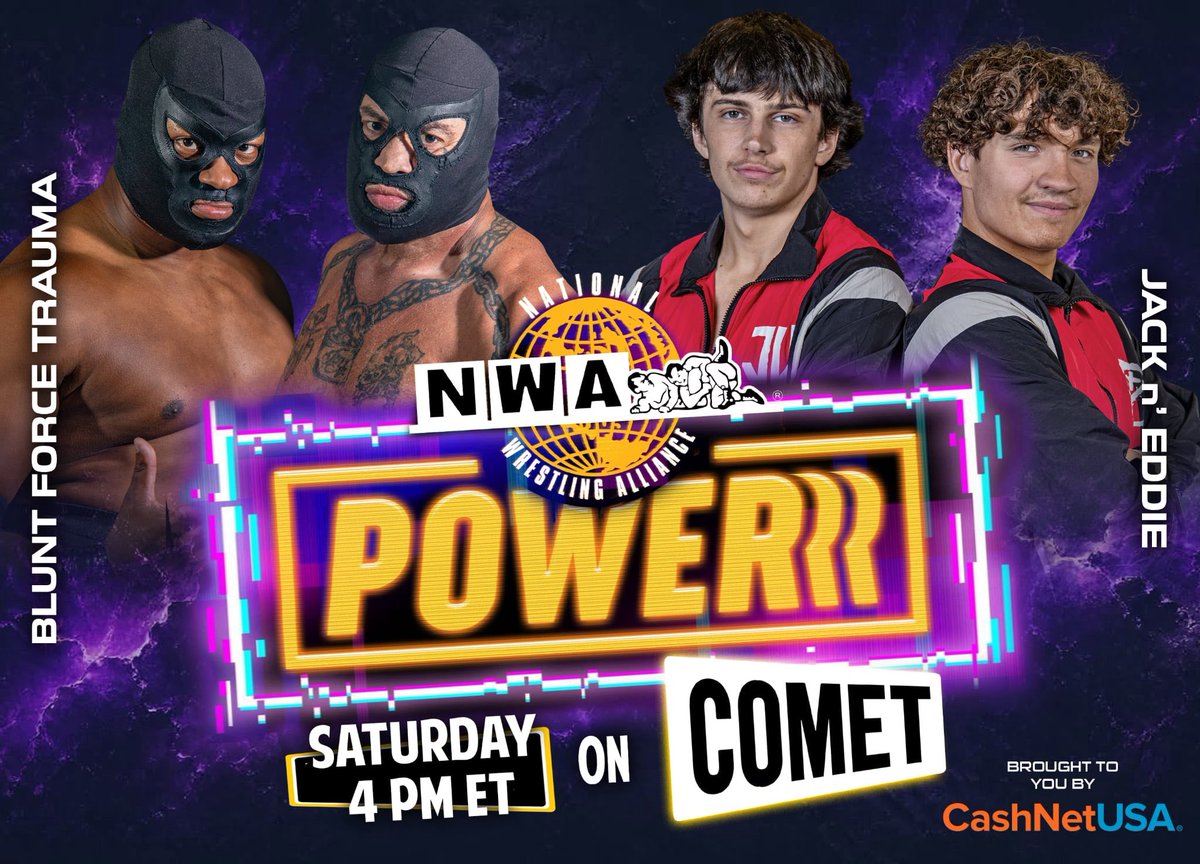 nwa's tweet photo. 𝙎𝘼𝙏𝙐𝙍𝘿𝘼𝙔’𝙎 𝙋𝙊𝙒𝙀𝙍𝙍𝙍 𝙃𝙊𝙐𝙍 
This Saturday at 4 PM (3PM CT), it’s a brand-new episode of 𝙉𝙒𝘼 𝙋𝙊𝙒𝙀𝙍𝙍𝙍 on Comet, and tensions are reaching a BOILING POINT!

⚡️ 𝙃𝙞𝙜𝙝𝙡𝙮-𝘼𝙣𝙩𝙞𝙘𝙞𝙥𝙖𝙩𝙚𝙙 𝙍𝙚𝙢𝙖𝙩𝙘𝙝 ⚡️
“The Climax” @RealKerryMorton with Julie faces “The Prince of Old School” @ColbyCorino once again! After mocking Colby’s near-career-ending neck injury, Morton snatched a surprise victory over Corino at NWA 78! With two second-generation NWA stars whose bitter history extends far beyond the ring, this main event rematch will be a story of REDEMPTION… or REMORSE!

⚡️𝘾𝙖𝙚𝙨𝙖𝙧 𝙫𝙨. 𝙆𝙞𝙣𝙜⚡️
King @TheRealTMurdoch the First and his Royal Court look to crush another reign before it even begins! But who will the “Third Millennium Caesar” @caesarargento recruit to strengthen his own ranks in this royal tag team showdown?!  It’s Caesar vs. King, and only one crown can rule! 

⚡️𝙔𝙤𝙪𝙩𝙝 𝙫𝙨 𝙂𝙪𝙞𝙡𝙚⚡️
 @Jack_Valor_PW n’ @EddieGraysonpw face arguably their toughest challenge to date: former NWA World Tag Team Champions, the embodiments of masked destruction, Blunt Force Trauma!

⚡️ And anything can happen when @DaisyKillNWA’s goes one-on-one with the man who came to Eric Smalls’ aid at NWA 78, Charlie Adams! With BOTH Kill’s hired muscle @HesBiGCuZZO and Smalls at ringside, this match will either settle the score…or reignite all-out WAR!

Catch another all-new, action-packed episode of 𝙉𝙒𝘼 𝙋𝙊𝙒𝙀𝙍𝙍𝙍 on FREE TV!

Watch new episodes of 𝙉𝙒𝘼 𝙋𝙊𝙒𝙀𝙍𝙍𝙍 on @WatchComet!
Saturdays at 4 PM & Midnight ET (3 PM & 11 PM CT).
Catch up anytime on @Tubi.

𝚃𝚑𝚎 𝙽𝚊𝚝𝚒𝚘𝚗𝚊𝚕 𝚆𝚛𝚎𝚜𝚝𝚕𝚒𝚗𝚐 𝙰𝚕𝚕𝚒𝚊𝚗𝚌𝚎: 𝙵𝚘𝚛 𝚘𝚟𝚎𝚛 78 𝚢𝚎𝚊𝚛𝚜, 𝚠𝚑𝚎𝚛𝚎 𝙷𝙸𝚂𝚃𝙾𝚁𝚈 𝙻𝙸𝚅𝙴𝚂 𝚊𝚗𝚍 𝙻𝙴𝙶𝙴𝙽𝙳𝚂 𝙰𝚁𝙴 𝙵𝙾𝚁𝙶𝙴𝙳!