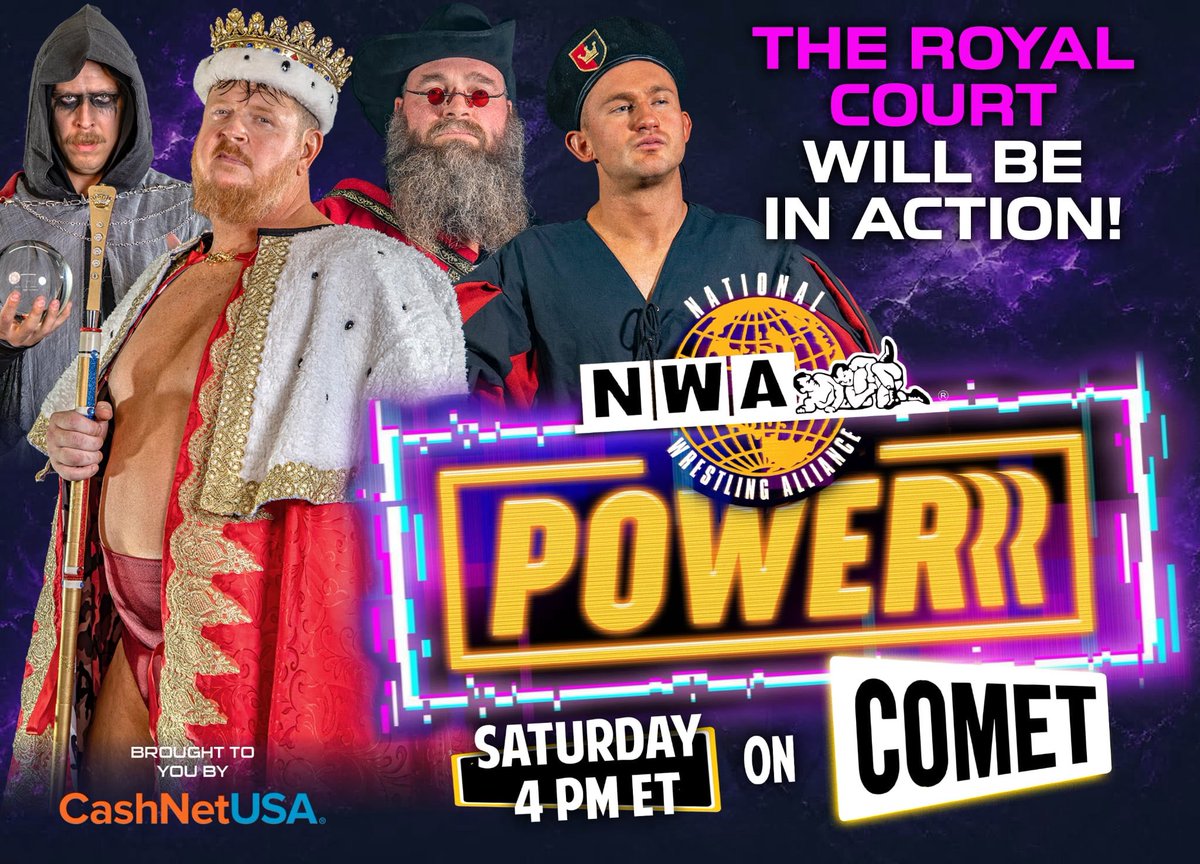 nwa's tweet photo. 𝙎𝘼𝙏𝙐𝙍𝘿𝘼𝙔’𝙎 𝙋𝙊𝙒𝙀𝙍𝙍𝙍 𝙃𝙊𝙐𝙍 
This Saturday at 4 PM (3PM CT), it’s a brand-new episode of 𝙉𝙒𝘼 𝙋𝙊𝙒𝙀𝙍𝙍𝙍 on Comet, and tensions are reaching a BOILING POINT!

⚡️ 𝙃𝙞𝙜𝙝𝙡𝙮-𝘼𝙣𝙩𝙞𝙘𝙞𝙥𝙖𝙩𝙚𝙙 𝙍𝙚𝙢𝙖𝙩𝙘𝙝 ⚡️
“The Climax” @RealKerryMorton with Julie faces “The Prince of Old School” @ColbyCorino once again! After mocking Colby’s near-career-ending neck injury, Morton snatched a surprise victory over Corino at NWA 78! With two second-generation NWA stars whose bitter history extends far beyond the ring, this main event rematch will be a story of REDEMPTION… or REMORSE!

⚡️𝘾𝙖𝙚𝙨𝙖𝙧 𝙫𝙨. 𝙆𝙞𝙣𝙜⚡️
King @TheRealTMurdoch the First and his Royal Court look to crush another reign before it even begins! But who will the “Third Millennium Caesar” @caesarargento recruit to strengthen his own ranks in this royal tag team showdown?!  It’s Caesar vs. King, and only one crown can rule! 

⚡️𝙔𝙤𝙪𝙩𝙝 𝙫𝙨 𝙂𝙪𝙞𝙡𝙚⚡️
 @Jack_Valor_PW n’ @EddieGraysonpw face arguably their toughest challenge to date: former NWA World Tag Team Champions, the embodiments of masked destruction, Blunt Force Trauma!

⚡️ And anything can happen when @DaisyKillNWA’s goes one-on-one with the man who came to Eric Smalls’ aid at NWA 78, Charlie Adams! With BOTH Kill’s hired muscle @HesBiGCuZZO and Smalls at ringside, this match will either settle the score…or reignite all-out WAR!

Catch another all-new, action-packed episode of 𝙉𝙒𝘼 𝙋𝙊𝙒𝙀𝙍𝙍𝙍 on FREE TV!

Watch new episodes of 𝙉𝙒𝘼 𝙋𝙊𝙒𝙀𝙍𝙍𝙍 on @WatchComet!
Saturdays at 4 PM & Midnight ET (3 PM & 11 PM CT).
Catch up anytime on @Tubi.

𝚃𝚑𝚎 𝙽𝚊𝚝𝚒𝚘𝚗𝚊𝚕 𝚆𝚛𝚎𝚜𝚝𝚕𝚒𝚗𝚐 𝙰𝚕𝚕𝚒𝚊𝚗𝚌𝚎: 𝙵𝚘𝚛 𝚘𝚟𝚎𝚛 78 𝚢𝚎𝚊𝚛𝚜, 𝚠𝚑𝚎𝚛𝚎 𝙷𝙸𝚂𝚃𝙾𝚁𝚈 𝙻𝙸𝚅𝙴𝚂 𝚊𝚗𝚍 𝙻𝙴𝙶𝙴𝙽𝙳𝚂 𝙰𝚁𝙴 𝙵𝙾𝚁𝙶𝙴𝙳!