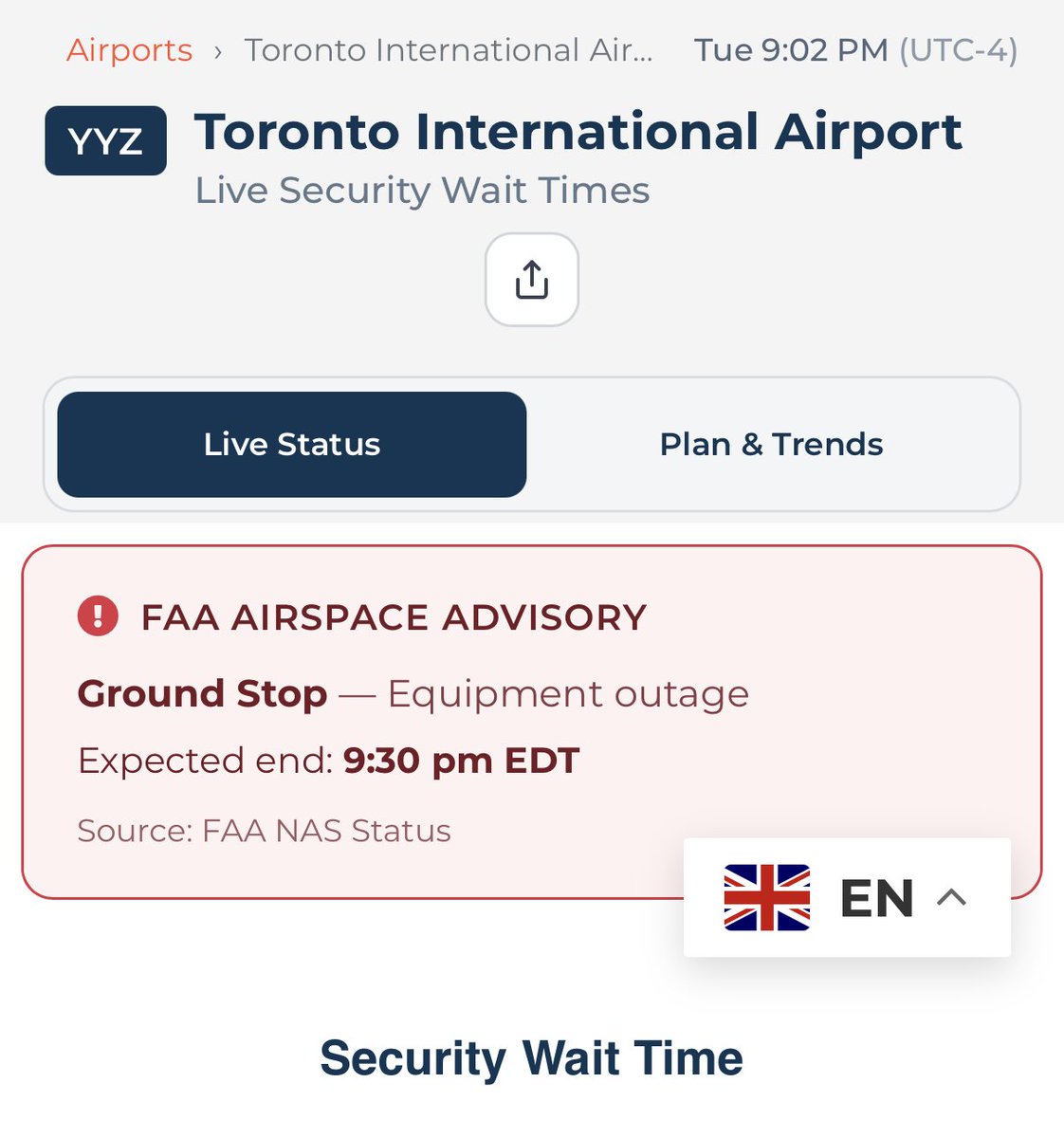 brianlilley's tweet photo. Ground stop at Pearson. 
Currently no flights in or out. https://t.co/UqSEygIQSJ