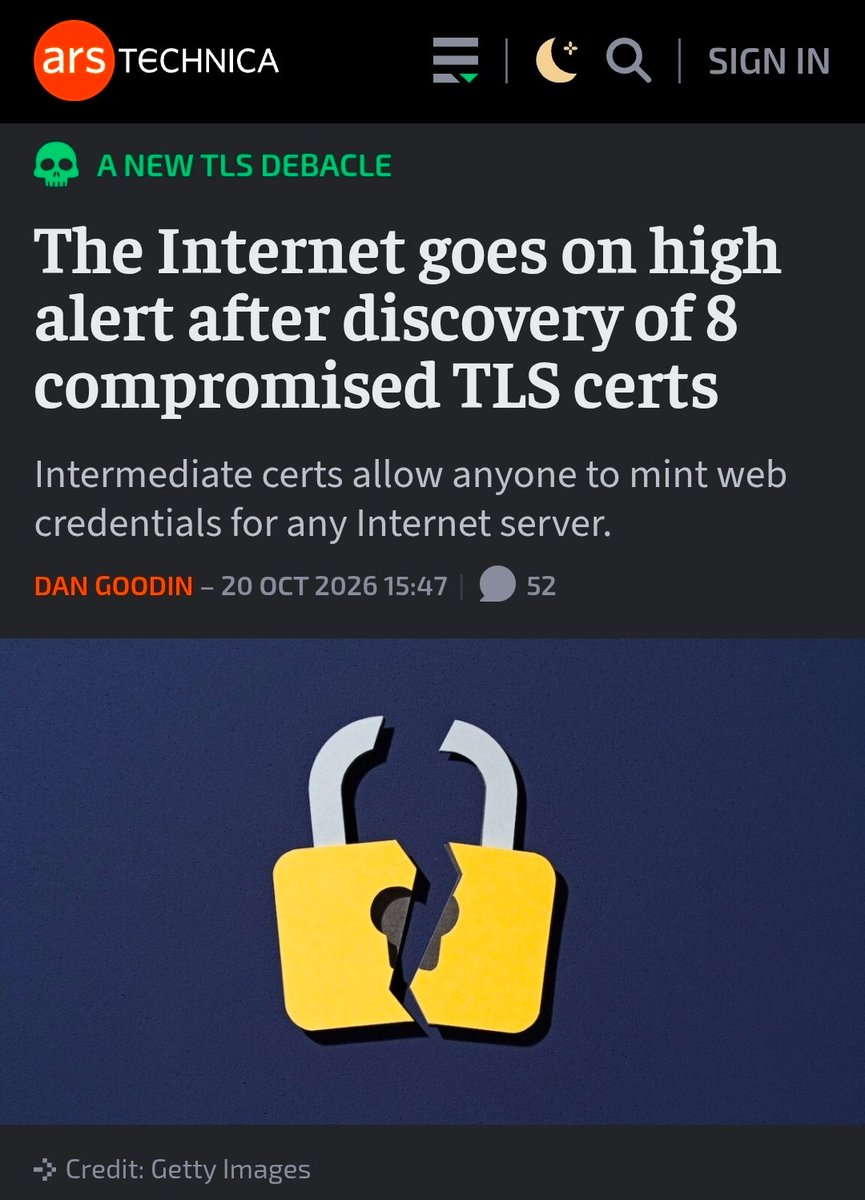 ICPapprentice's tweet photo. Internet encryption is currently having a nuclear meltdown.

​Cryptographers are calling it "bigger than Heartbleed."

​A global Certificate Authority just leaked 8 master private keys that allow anyone to impersonate any server on Earth (Google, banks, government sites).

​A normal master key has 116 digits of entropy.

​The actual leaked keys?
4. 56. 66. 115.

​A toddler on a calculator could have cracked them.

​While browsers patched it today, millions of IoT devices, Linux servers, and Docker containers will take years to clean up.

​We bet global digital security on centralized human gatekeepers who forgot to check their math.

​True security can't rely on trust cartels. It has to be governed by mathematical consensus.

​See the signal. ♾️