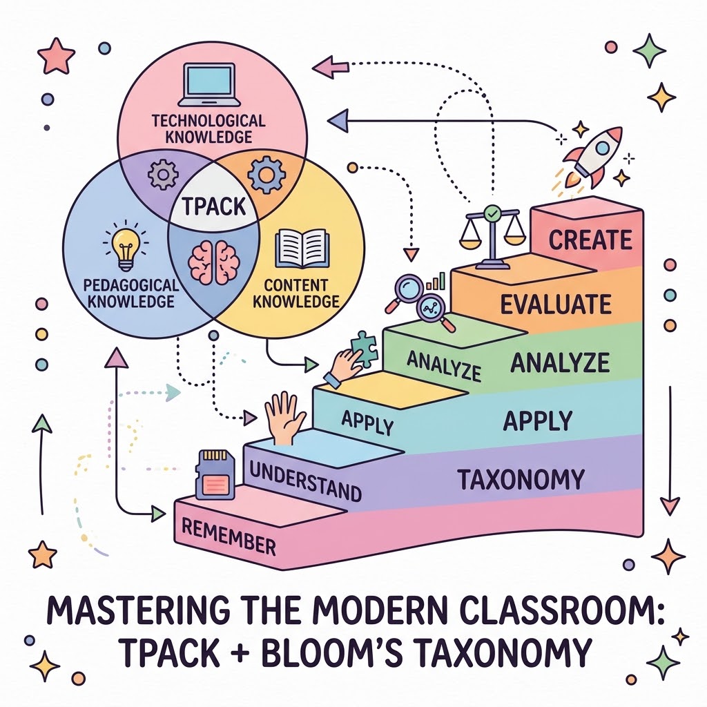 MelClassNotes's tweet photo. TPACK + Bloom’s Taxonomy is the ultimate duo for modern lesson planning. TPACK: Blends Technological, Pedagogical, and Content Knowledge so tech has real purpose. Bloom’s Taxonomy: A framework for categorizing learning goals from basic recall to complex @manningtechtalk https://t.co/FA2nOzkLcm
