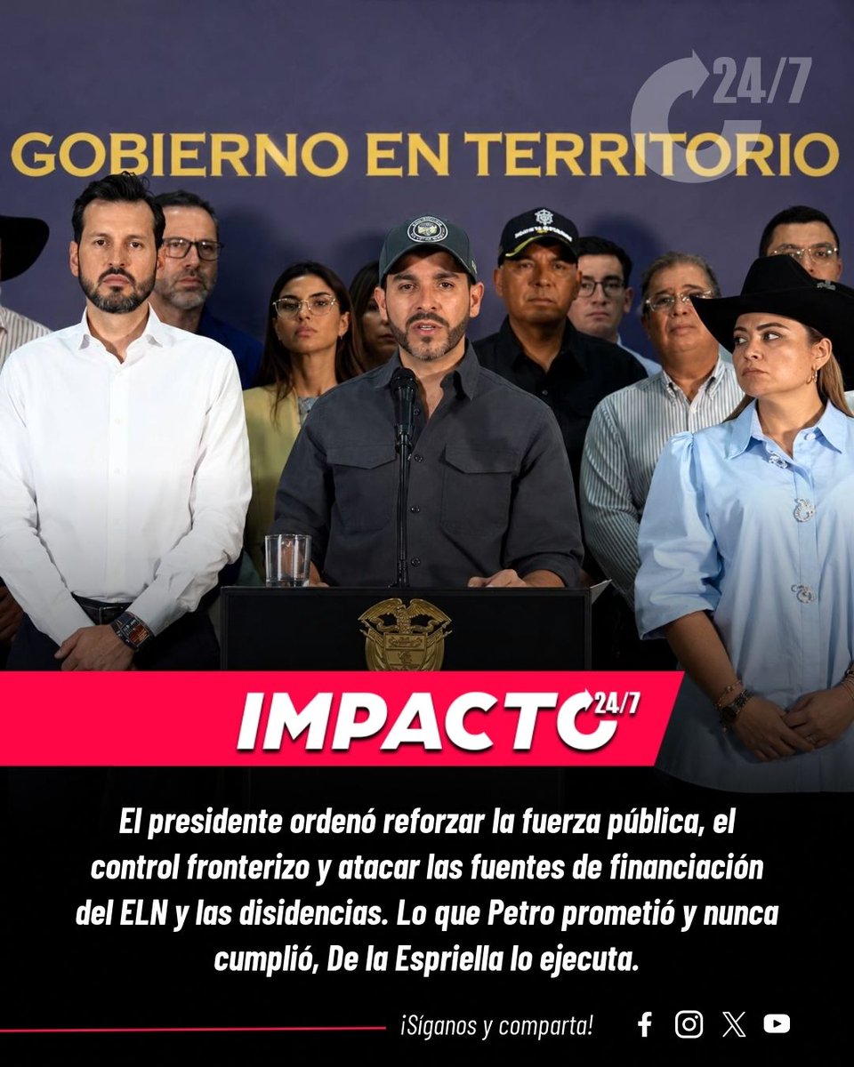 Impacto24_7's tweet photo. 🚨🇨🇴 SE ACABÓ LA PAZ TOTAL | De la Espriella declaró "ofensiva total" contra el ELN y las disidencias de las FARC en Arauca. Fuerza pública reforzada, control fronterizo y golpe a sus fuentes de financiación. Cuatro años de abrazos con terroristas nos costaron sangre. Ahora hay un presidente que manda a combatir, no a negociar con criminales.