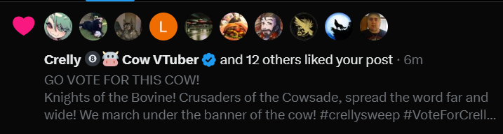 umedyn's tweet photo. We'll keep fighting for you @crellythecow! You deserve to win! #VoteForCrelly #crellysweep https://t.co/Ju4rtEe6Xv