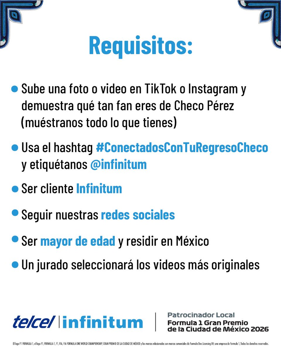 infinitum's tweet photo. El regreso de Checo ya tiene conectado a TODO México. 

Y en Infinitum queremos que lo vivas EN VIVO en el FORMULA 1 GRAN PREMIO DE LA CIUDAD DE MÉXICO Presentado por Heineken

Participa:
👀 Checa los requisitos
🎥 Graba tu video o toma una foto
📲 Mándanos tu participación etiquetándonos y mencionando el Hashtag: #ConectadosConTuRegreso

Consulta términos y condiciones: https://t.co/TieZDDpe7n

#F1esta #MexicoGP #AMáximaVelocidad #300GPs
