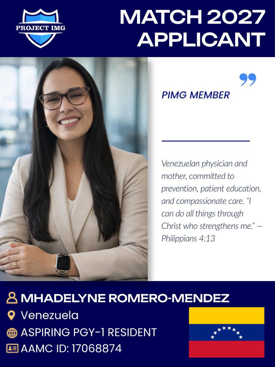 ProjectImg's tweet photo. Wishing Mhadelyne Romero-Mendez all the very best on her Match 2027 journey! ✨

“I can do all things through Christ who strengthens me.” — Philippians 4:13

A Venezuelan physician with a background in OB-GYN, rural primary care, clinical research, and the U.S. healthcare system, Mhadelyne’s dedication to serving underserved communities has shaped her commitment to prevention, patient education, and compassionate care. As a mother and physician rebuilding her career in a new country, she embraces this next chapter with faith, gratitude, and a commitment to lifelong learning.

Beyond medicine, Mhadelyne enjoys spending time with family, praying, weightlifting, and cardio HIIT. 🙏🏋️‍♀️❤️

Wishing her continued growth and success as she takes this next step, with the full support of the Project IMG community behind her! ✨🩵💙

#match #imgmatch2027 #nrmpmatch2027 #eras #projectimg 

@mhadelyne