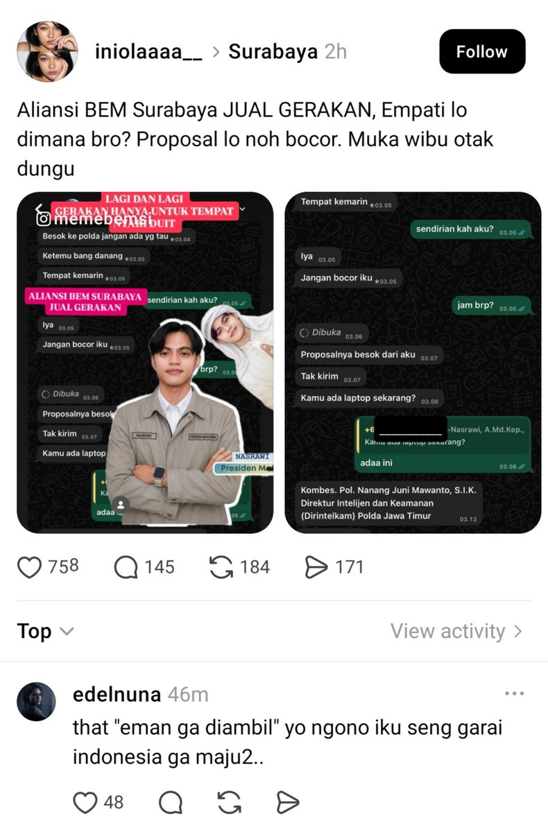 foolinsights's tweet photo. WOW JUST WOW

Ketua BEM se-Surabaya terbukti menjual gerakan kepada Polda Jatim dan Polrestabes Surabaya. Dana yang diperoleh (rumornya 39 juta) setelah menjual gerakan langsung masuk ke kantong pribadi. https://t.co/1Pqrg4J8Sl