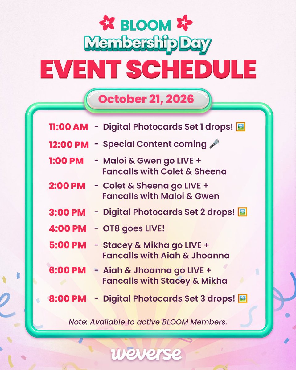 BINI_ph's tweet photo. IT’S D-DAYYY!!! 🥳🎁🎉

Get ready for a whole day of fun with BINI and fellow Blooms for BLOOM Membership Day 🌸✨ See you all on Weverse! 👋

Not a member yet? It’s never too late! Be a BLOOM Member here: 🔗https://t.co/Yk3L9SzB0v  

#BINI #BINIWeverse #BINI_BLOOMMembership #BLOOMMembershipDay