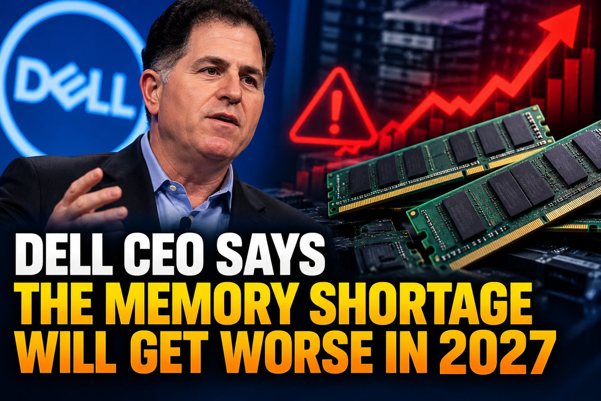 Flox3r's tweet photo. Dell CEO Michael Dell warns that the global memory shortage could become even worse in 2027, as demand from AI infrastructure, servers and high-performance computing continues to put pressure on supply. 💾
Source: TechPowerUp
https://t.co/0niCZ2UEJF

#Dell #MemoryShortage #RAM https://t.co/AyT5tIiD9M
