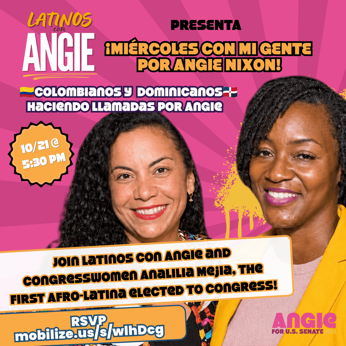 AngieNixon's tweet photo. ¡Miércoles con mi gente! 📞🇨🇴🇩🇴

Colombianos and Dominicanos, this one’s for us. Join Team Angie and Congresswoman Analilia Mejia TOMORROW, Wednesday 10/21 at 5:30 PM, as we make calls to get Angie Nixon to the U.S. Senate. No experience needed, just bring your phone and your energy. We’ll show you the rest.

👉 RSVP: https://t.co/SyfLNUW9tr