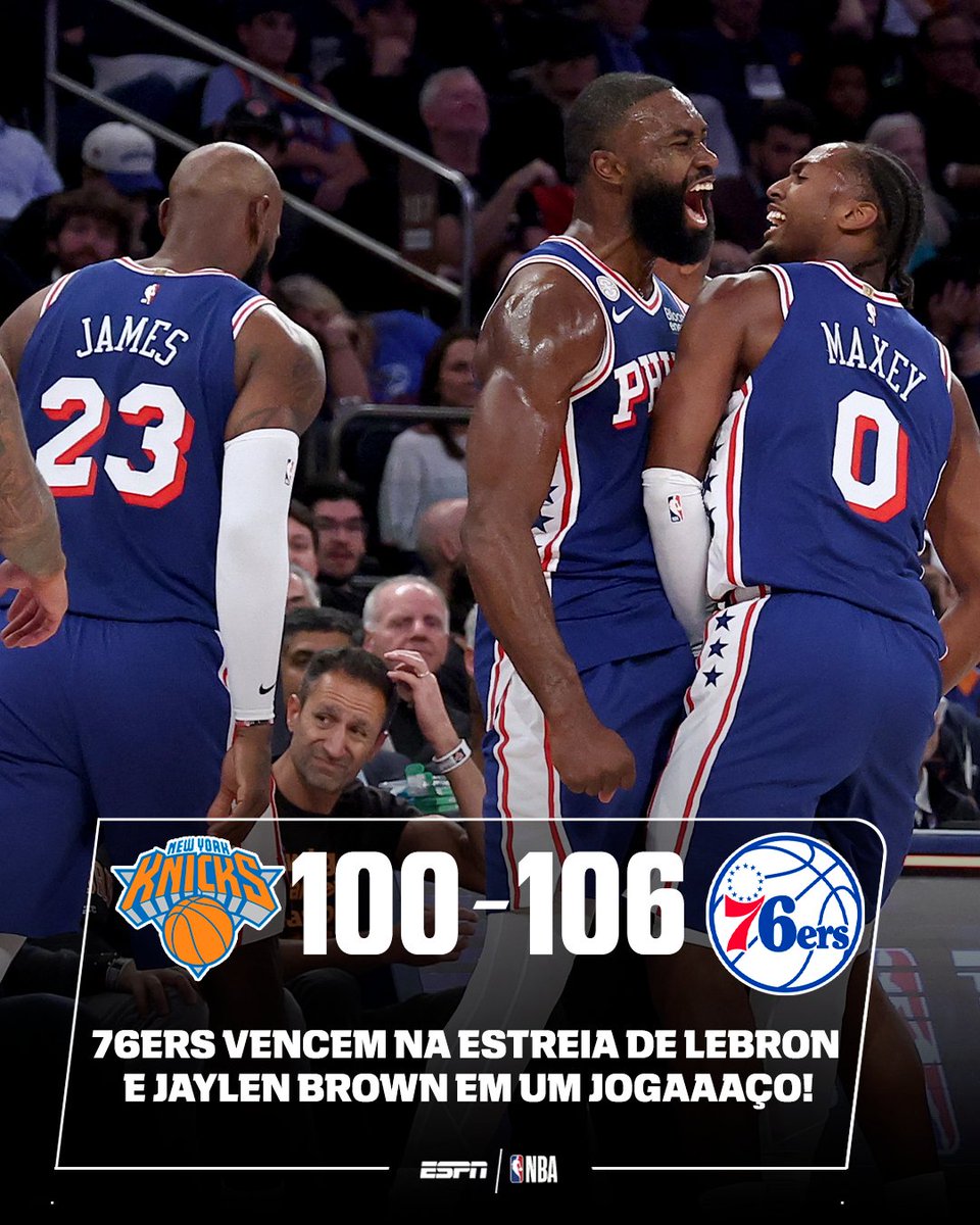 ESPNBrasil's tweet photo. JOGAAAAÇO E VITÓRIA DOS SIXERS! 🔥🔥🔥🔥🔥 Na estreia de LeBron James e Jaylen Brown, o Philadelphia 76ers VENCEM os CAMPEÕES Knicks! QUE JOGO ABSURDO!

#NBAnaESPN #NBA https://t.co/uwIMliXrih