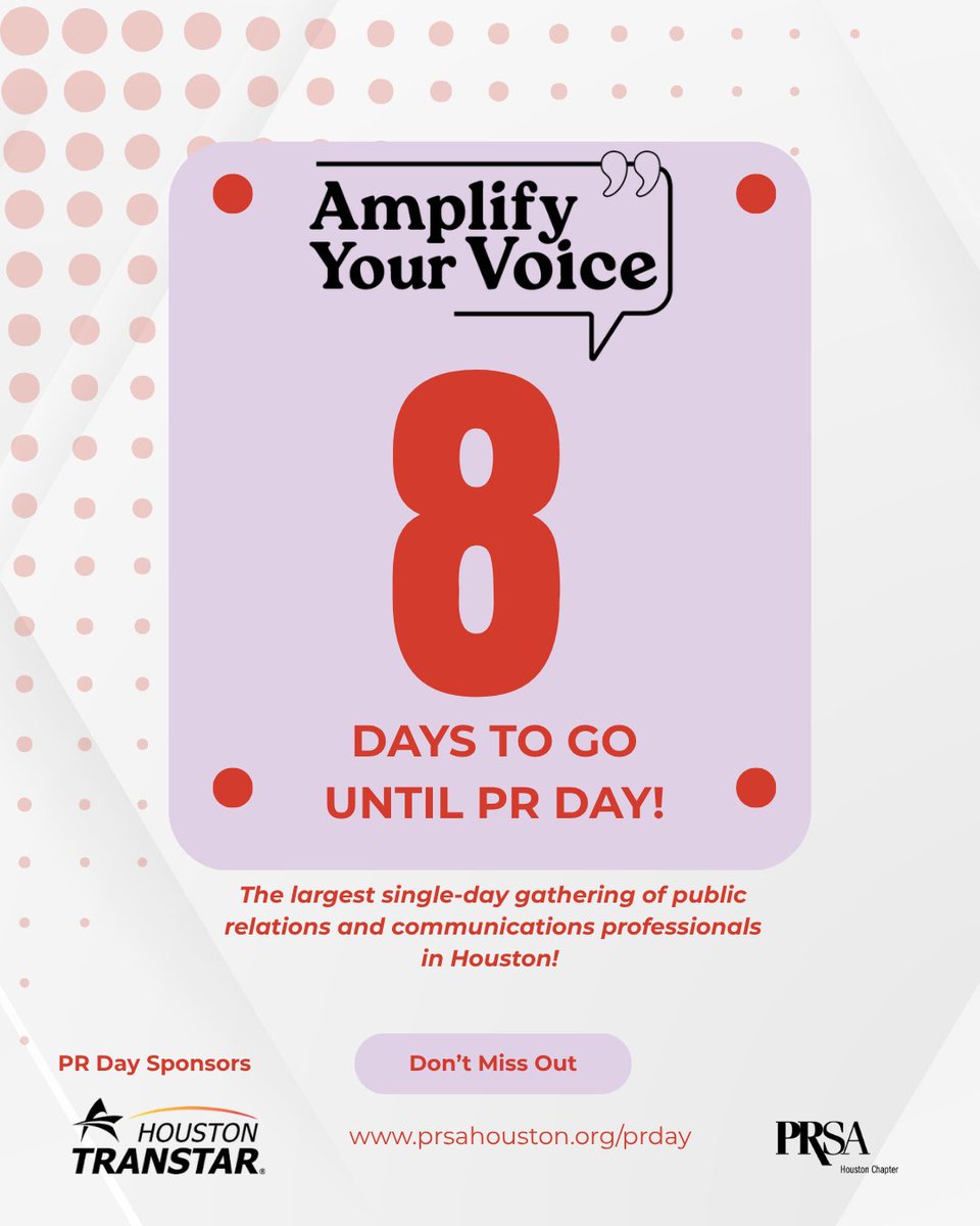 PRSAHouston's tweet photo. The countdown is ON! Only 8 days until PRSA Houston’s PR Day 2026 — the largest single-day gathering of public relations and communications professionals in Houston! 

Register now: https://t.co/P8LDkZlAgs https://t.co/b4m9I2r5ao
