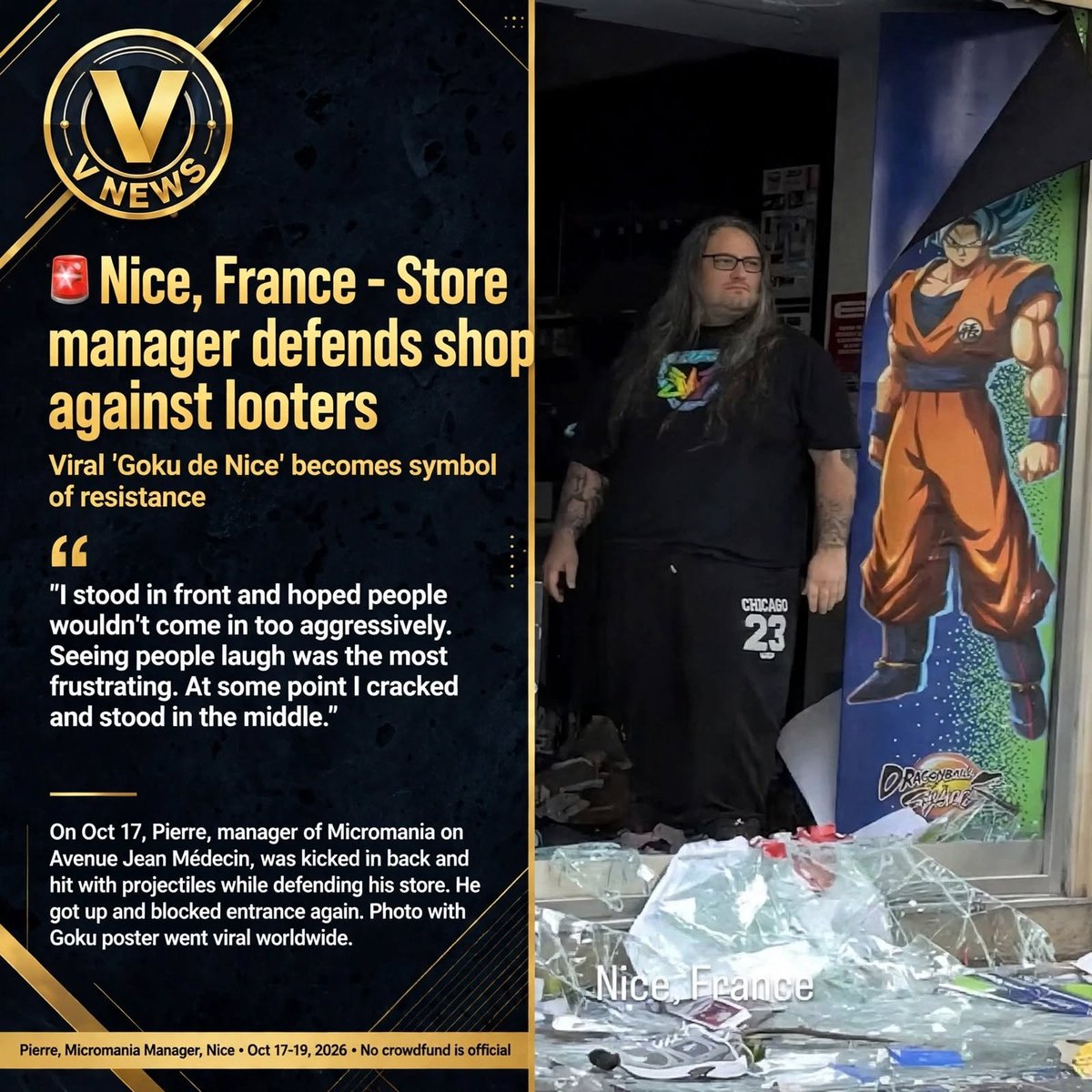 V_News8's tweet photo. News: "Goku de Nice" Stands Alone As Rioters Smash His Store. 

                                       VNews https://t.co/s5DU7JipOK
