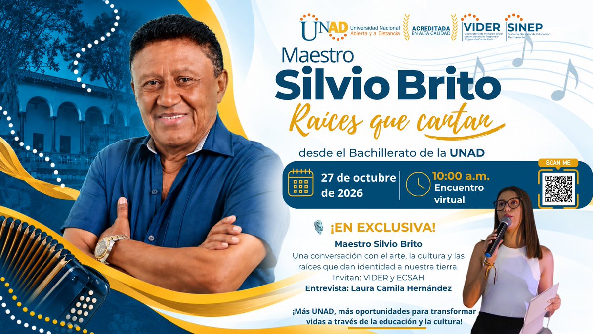 ElOIRdelaRegion's tweet photo. #BachilleratoUNAD🎶🇨🇴 ¡Las raíces del vallenato siguen vivas! Conéctate con el maestro Silvio Brito en una entrevista especial junto a Laura Camila Hernández.
📅 27 de octubre
🕙 10:00 a. m.
🔴 En vivo canal OIR: https://t.co/S0EMJOW0go
#BachilleratoUNAD #UNAD #VIDER #ECSAH #RaícesQueCantan #SINEP