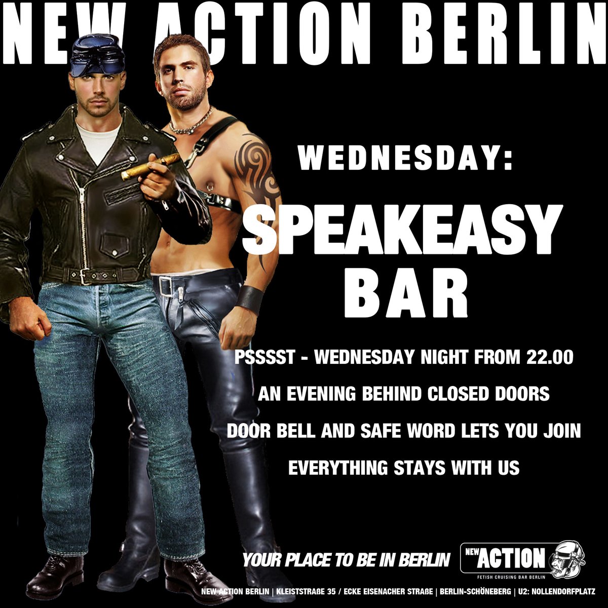 newactionberlin's tweet photo. Psssst - Wednesday night from 22.00 An evening behind closed doors Door bell and safe word lets you join Everything stays with us #gay #gayleather #gaysex #berlin #gaylife #schoeneberg #regenbogen #gaybar #europe #gay https://t.co/7AsQXtLimd