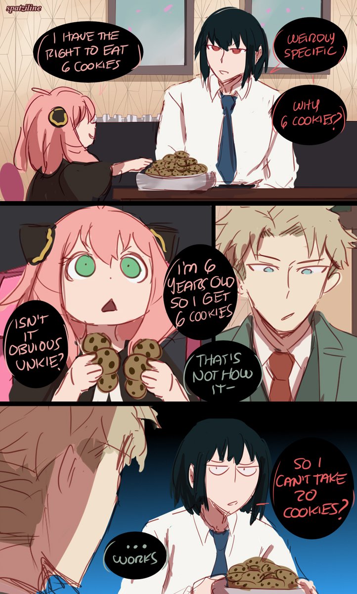 spatziline's tweet photo. Anya and Yuri agree on the cookie logic, Loid doesn't get it. incorrect quote #SPY_FAMILY https://t.co/furZupXyjy