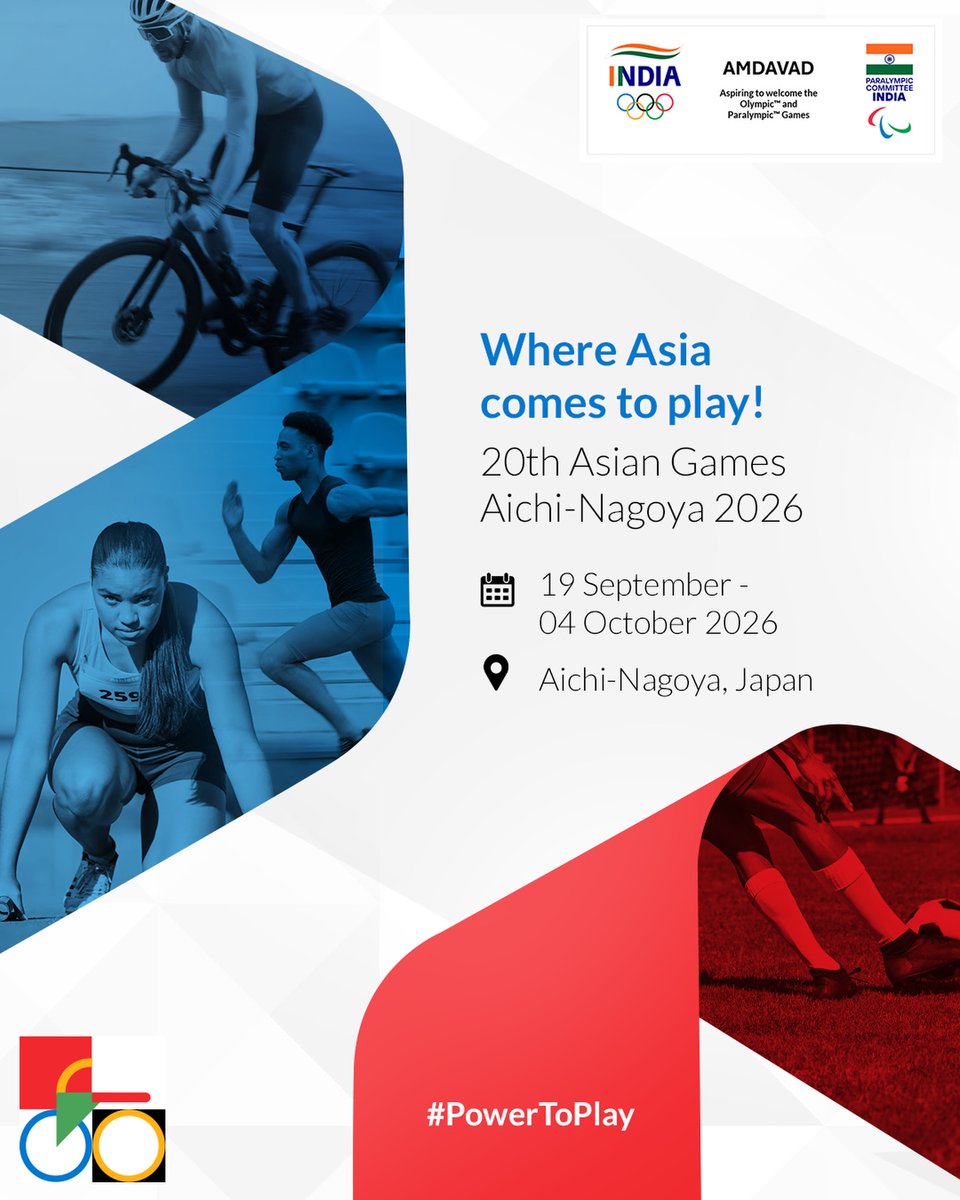 freitaskailgaw's tweet photo. Countless champions, one stage, and a continent full of dreams! The 20th Asian Games Aichi-Nagoya 2026 unites Asia’s finest athletes. India arrives with belief, ambition, and the will to rise. Aichi-Nagoya, Japan | 19 September–4 October 2026 https://t.co/dqgkUvNZqs
