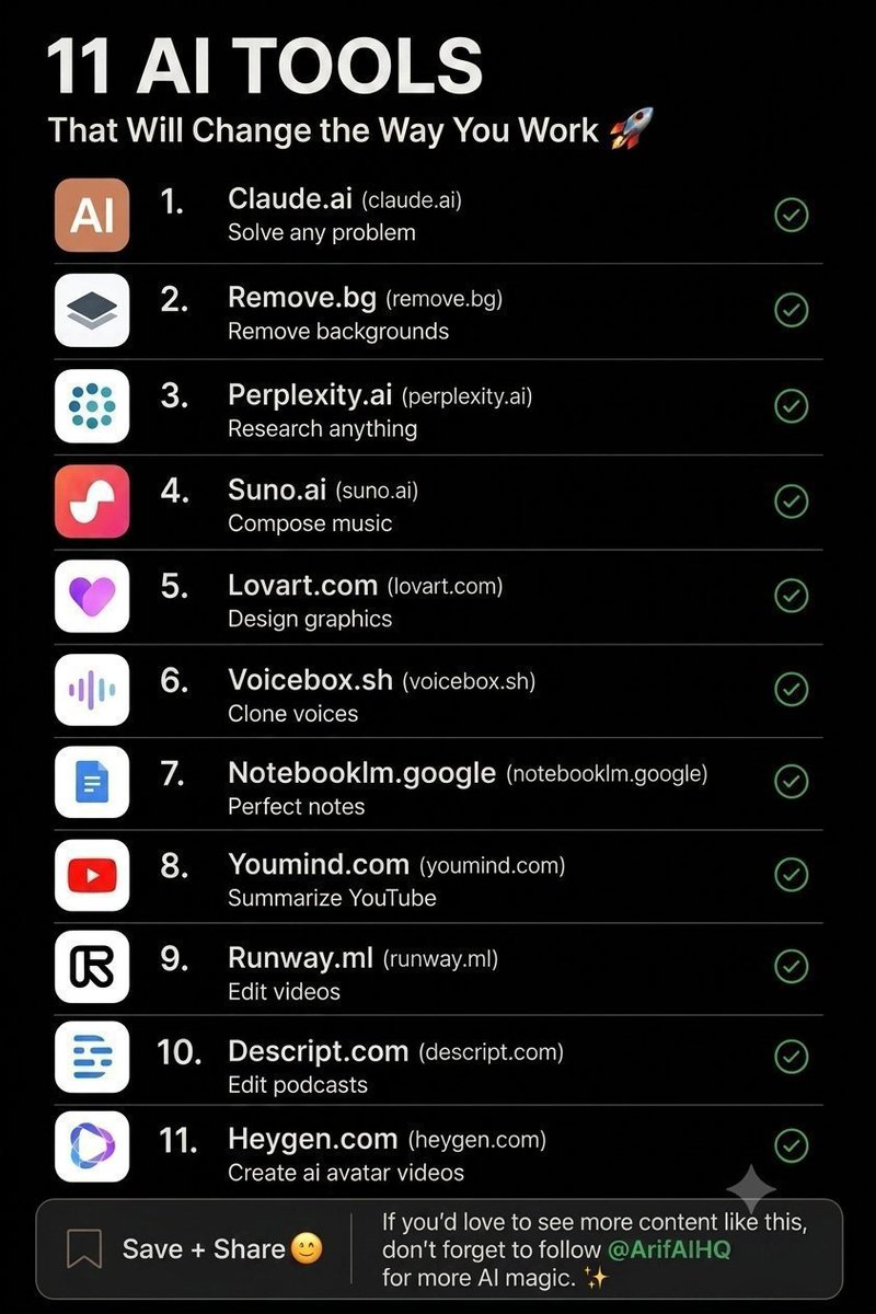 SparkifyAI's tweet photo. 5 AI Tools You Should Know!

https://t.co/WimeM7bV4B → Solve problems
https://t.co/XzwYXTuU9Y → Remove backgrounds
https://t.co/XsNpsuKU1L → Research anything
https://t.co/zRfiHxEWXu → Create music
https://t.co/Y2lCLWs9rf → Design graphics

🚀 Follow @SparkifyAI for me https://t.co/gExHxhcHez