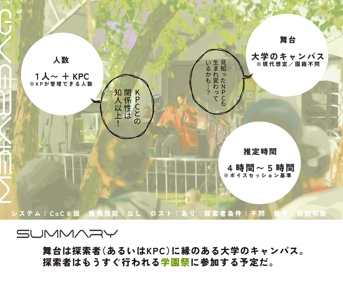 rurisaiten's tweet photo. 【公開開始】
クトゥルフ神話TRPG（第6版）
「Return to you, Again」

シナリオ公開開始いたしました。
https://t.co/7AptJHtmoM

人数：1人～ + KPC
要素：継続 × 転生 × 学園祭

前世の記憶を持って転生した探索者が、再会したKPCと学園祭へ赴き、ある謎を追うシナリオ🍀

🌟リリース記念SALE中🌟 https://t.co/DksULZbWK8
