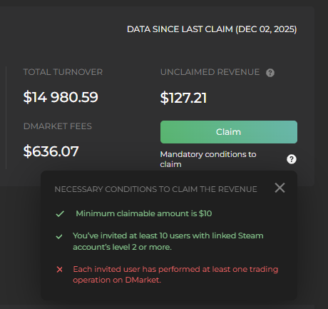 TechsavvyCS's tweet photo. Apparently @DMarket won't let you claim affiliate earnings unless every single referred user has made a trade. This makes it IMPOSSIBLE to ever claim any affiliate earnings. What's going on here? https://t.co/YCDrfoR92A