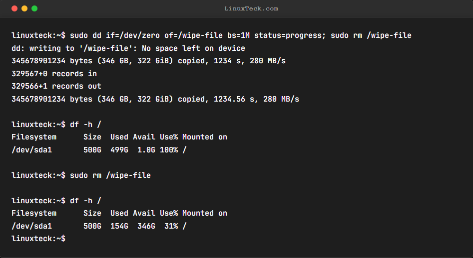 linuxteck's tweet photo. Quick Linux Tip #104

Q: I deleted sensitive files but worry forensics could recover them. How do I wipe free space?

Try:`sudo dd if=/dev/zero of=/wipe-file bs=1M status=progress; sudo rm /wipe-file`

Info: Zeroes free disk space to prevent data recovery.

Follow @linuxteck https://t.co/VZngGotaVl