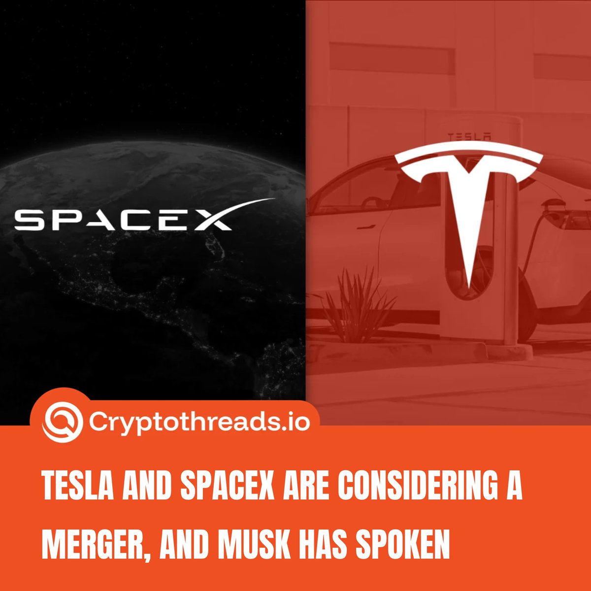CryptoThreadsX's tweet photo. 🚨 TESLA AND SPACEX ARE CONSIDERING A MERGER, AND MUSK HAS SPOKEN

Both companies have formed special committees of independent directors to review the deal, with Musk sitting out due to a conflict of interest. He thinks it’s a good idea but says it’s far from certain: no terms or valuation have been agreed, and Tesla would need approval from 50% of all outstanding shares. 

This is only the first step, not a done deal.