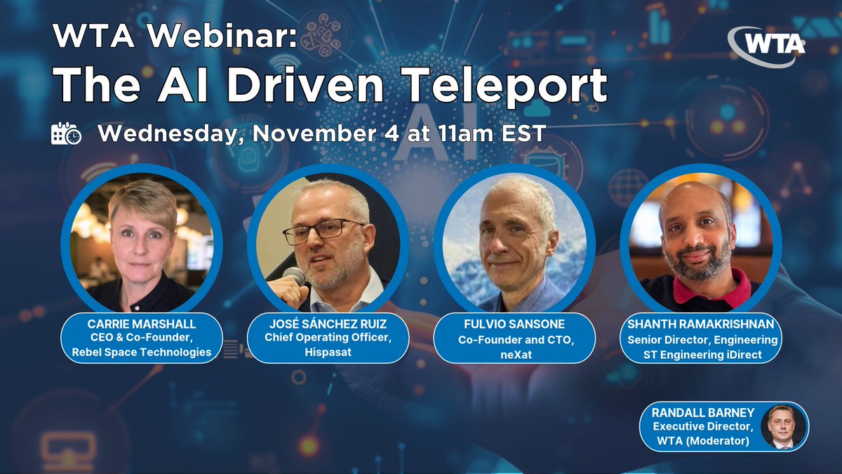 worldteleport's tweet photo. WTA Webinar: The AI Driven Teleport
Wednesday, November 4th - 11AM EST

Register: https://t.co/snumG0jqbE

@Hispasat @neXat_BE @iDirect https://t.co/6t7z0a9QSV