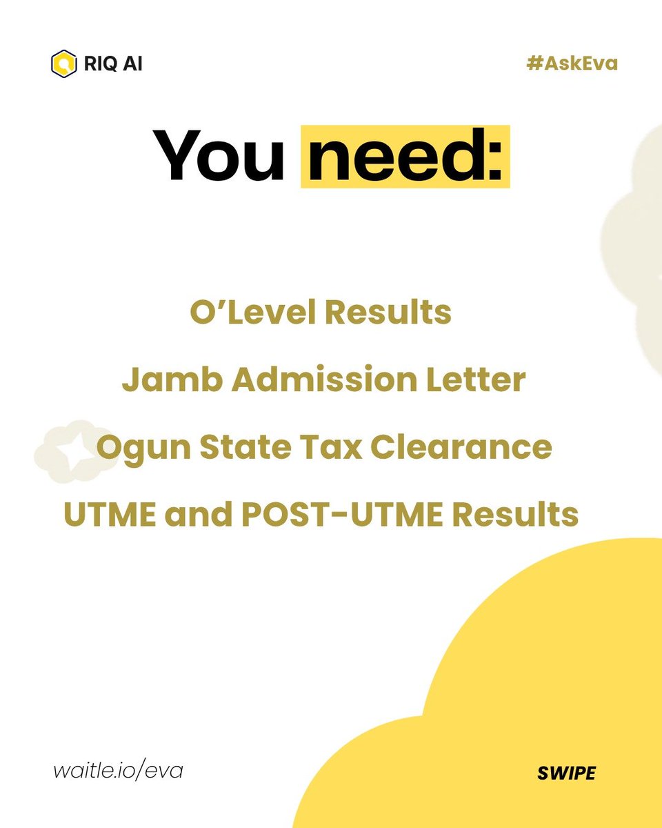 ourriq's tweet photo. OOU freshers, don't let document wahala catch you off guard!

Before you leave home, make sure you've got the right documents ready. Swipe through the checklist, save this post, and ask Eva if you need help. 💛

Try Eva for free: link in bio! https://t.co/jUQrTjJJVS