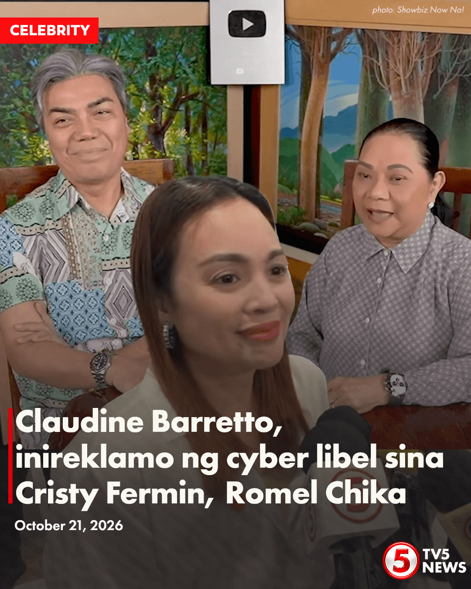 TV5NewsPH's tweet photo. BARRETTO VS. FERMIN, CHIKA

Nagtungo ang aktres na si Claudine Barretto sa National Bureau of Investigation (NBI) ngayong Miyerkules, Oct. 21 para maghain ng reklamong cyber libel laban sa showbiz host at columnist na si Cristy Fermin at co-host niyang si Romel Chika.

Kaugnay ito ng umano’y sunod-sunod na patutsada ng dalawang host tungkol sa aktres sa kanilang YouTube channel.

“Last straw na ito… hindi niya talaga ako tinatantanan. Hindi na talaga siya tumitigil,” ayon sa aktres.

“Happy Halloween,” maikli namang mensahe ni Barretto kay Fermin.