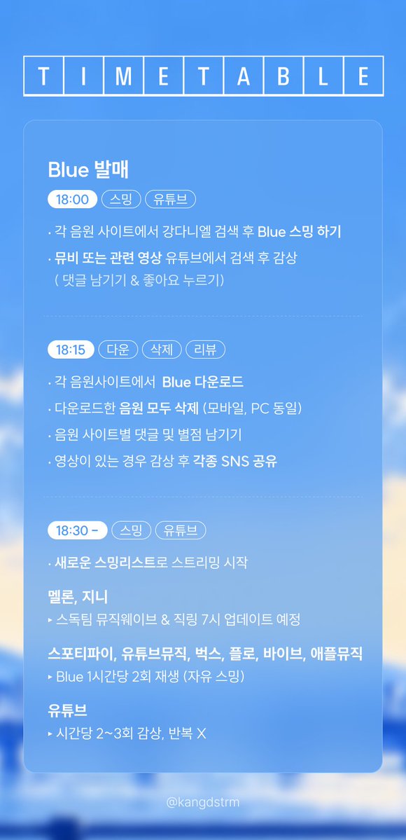 Kangdstrm's tweet photo. 플로디.ᐟ.ᐟ 미리 확인해 주세요

✅️ 스밍 간단가이드
⚡️기기볼륨 50% 이상( 무음스밍 ❌️ 사운드어시스턴트로  조절⭕️)
⚡️스밍리스트를 제공할 예정이지만 다른 노래들 섞어서 자기만의 스타일로 자유스밍하기 권장함
1시간에 [Blue] 2~3회 정도 스밍되도록 넣고 매일 리셋하기
⚡️스밍 잘 되고 있는지 수시로 체크
⚡️다운받은 후 반드시 삭제하고 스밍리스트 누락 재확인

✅️ 유튜브 간단가이드
⚡️검색해서 스밍하기 권장
⚡️유튜브 프리미엄 권장
⚡️다양한 경로의 스밍 권장( 카톡/트위터/블로그등)
⚡️영상 끝까지 본 후 좋아요/댓글 공유하기
⚡️영상 사이에 다양한 2~3개의 영상(자동 추천 콘텐츠 or 무대 or 예능) 섞어서 스밍
⚡️동일 아이피에서 동시스밍 ❌️
⚡️반복 스밍❌️

✅ 멜론 뮤직웨이브 활용
⚡️스독팀 뮤직웨이브에 들어와서 듣기
https://t.co/3nmcWKqBLL
⚡️취침시 강다니엘 뮤직웨이브 아티스트채널 듣기
https://t.co/1fs9gxBn3M
⚡️뮤직웨이브 플리를 재생목록에 저장 가능함
(뮤직웨이브 상단 곡명 누르기 - 전체담기 - 재생 목록에 담기 맨끝)
⚡️채팅으로 감상 & 응원도 남기면서 듣기

✅️ 스포티파이 
⚡️무료 프리미엄체험 (2~3개월) 확인하기 
⚡️강다니엘 Blue 검색후 듣기, 공유하기 
⚡️스독팀 플리 활용하기
https://t.co/DJtcsmk3pV

✅️ 다운 : 결제 > 다운로드 확인후 내파일에서 삭제
⚡️멜론 캐시 충전 :
https://t.co/L4mwilDm3a
⚡️벅스 
앱은 '다운로드 이용권'이 있어야 다운됨
웹 pc 버전에서 개별로 다운가능(크롬 우측위 삼점 - 데스크톱 사이트 체크)
https://t.co/jF452T70ZJ
⚡️지니기존과 동일 
⚡️플로 바이브는 다운불가

✅️ 스밍리스트
⚡️기존 재생목록은 지우고 스밍 리스트대로 넣어주세요
⚡️모든 음싸 자유스밍을 권장합니다 자주 스밍리스트를 바꾸어주세요
⚡️곡하트, 앨범 별점, 댓글도 주세요
⚡️직링은 19시경 제공될 예정입니다