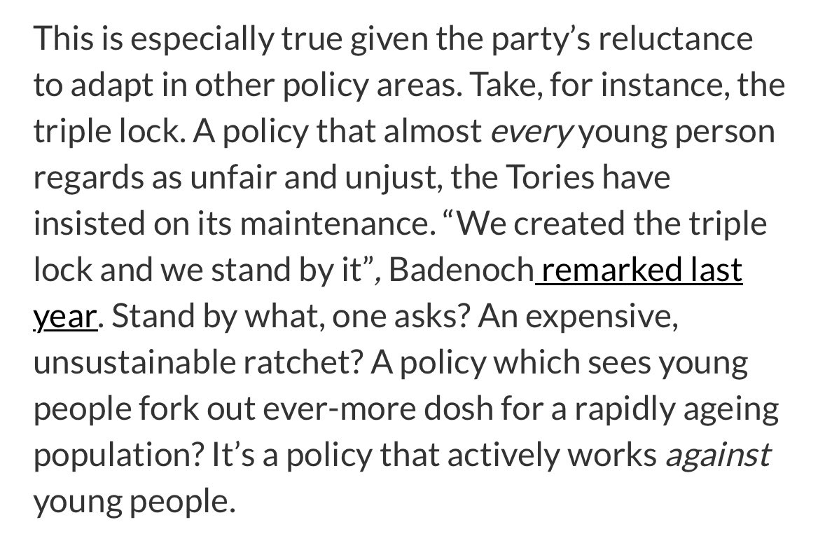 the_olliedean's tweet photo. The Young Conservative Chairmanship election has led many to believe that the Tories finally care about young people.

But maintaining the triple lock, amongst other policies, still signals an approach that prioritises “frail, P&amp;O Cruise-loving pensioners”

Me in @CityAM 👇 https://t.co/uQq5cqO6uw