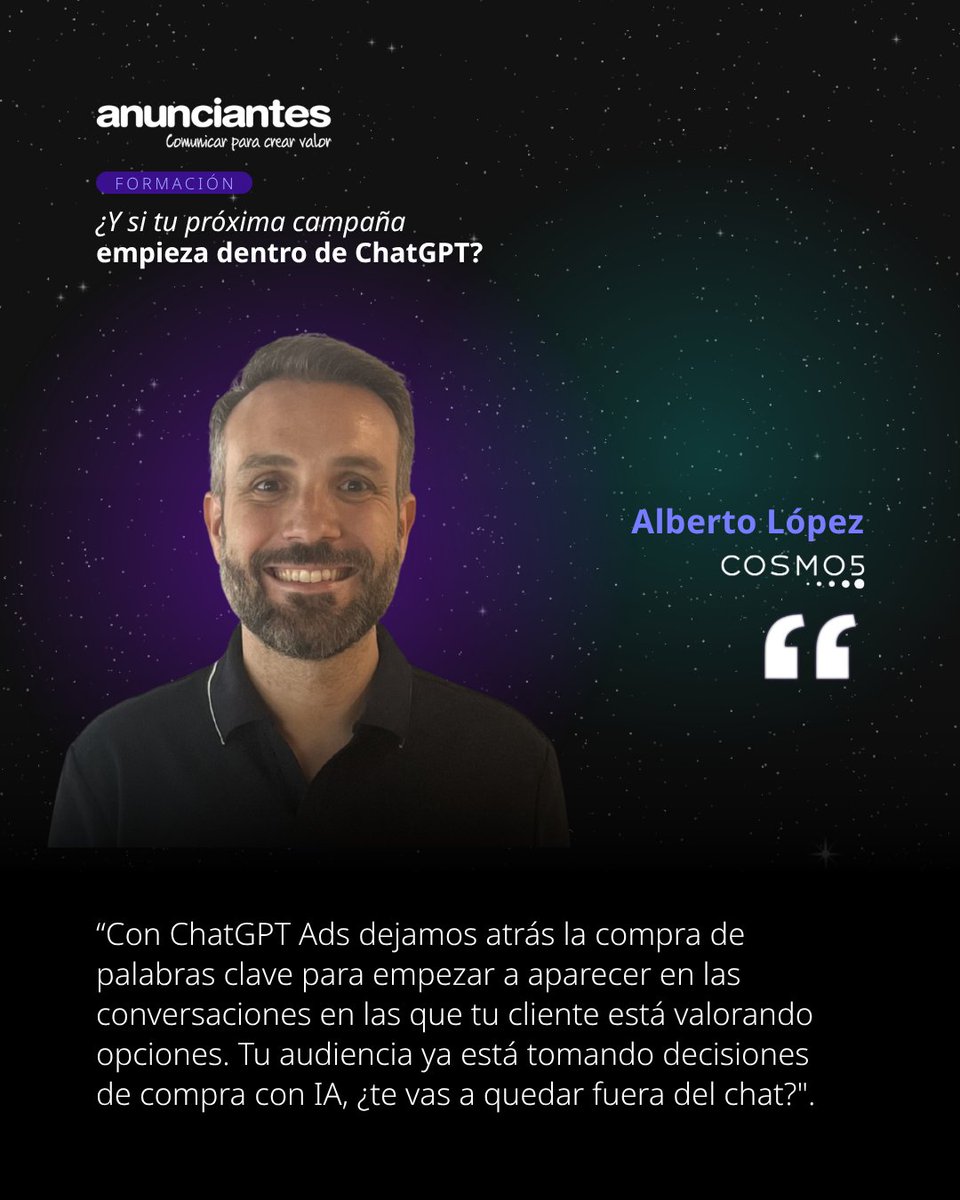 Cosmo5_Iberia's tweet photo. #ChatGPTAds ya forma parte del plan de medios, y la #AEA ha contado con Cosmo5 para explicarlo.
Ser partner de #OpenAI nos da algo que no se improvisa: aprendizaje propio, visión de media y data, y la tranquilidad de saber cuándo esta plataforma encaja y cuándo conviene esperar. https://t.co/yXDigXSkqO