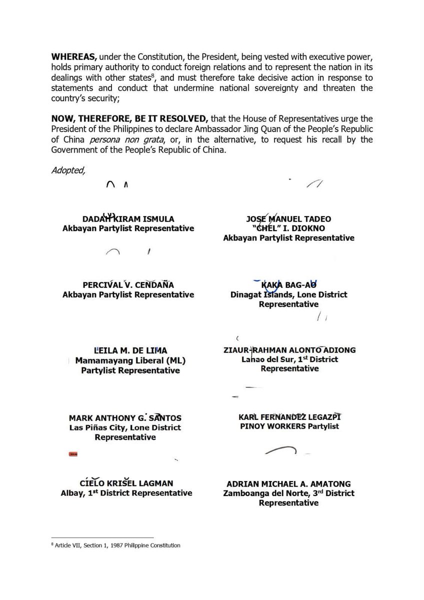 newswatchplusph's tweet photo. UPDATE: Ten members of the House of Representatives filed a resolution urging President Ferdinand Marcos Jr. to declare Chinese Ambassador Jing Quan persona non grata or facilitate his return to China in the alternative. 

“AMBASSADOR NG MANLULUPIG, DI PASISIIL,” stated Akbayan Rep. Percival “Perci” Cendaña in the caption of his post sharing a copy of House Resolution 1562. | ⁨Jia Erikah Fajardo⁩

📸Perci Vilar Cendaña/Facebook
