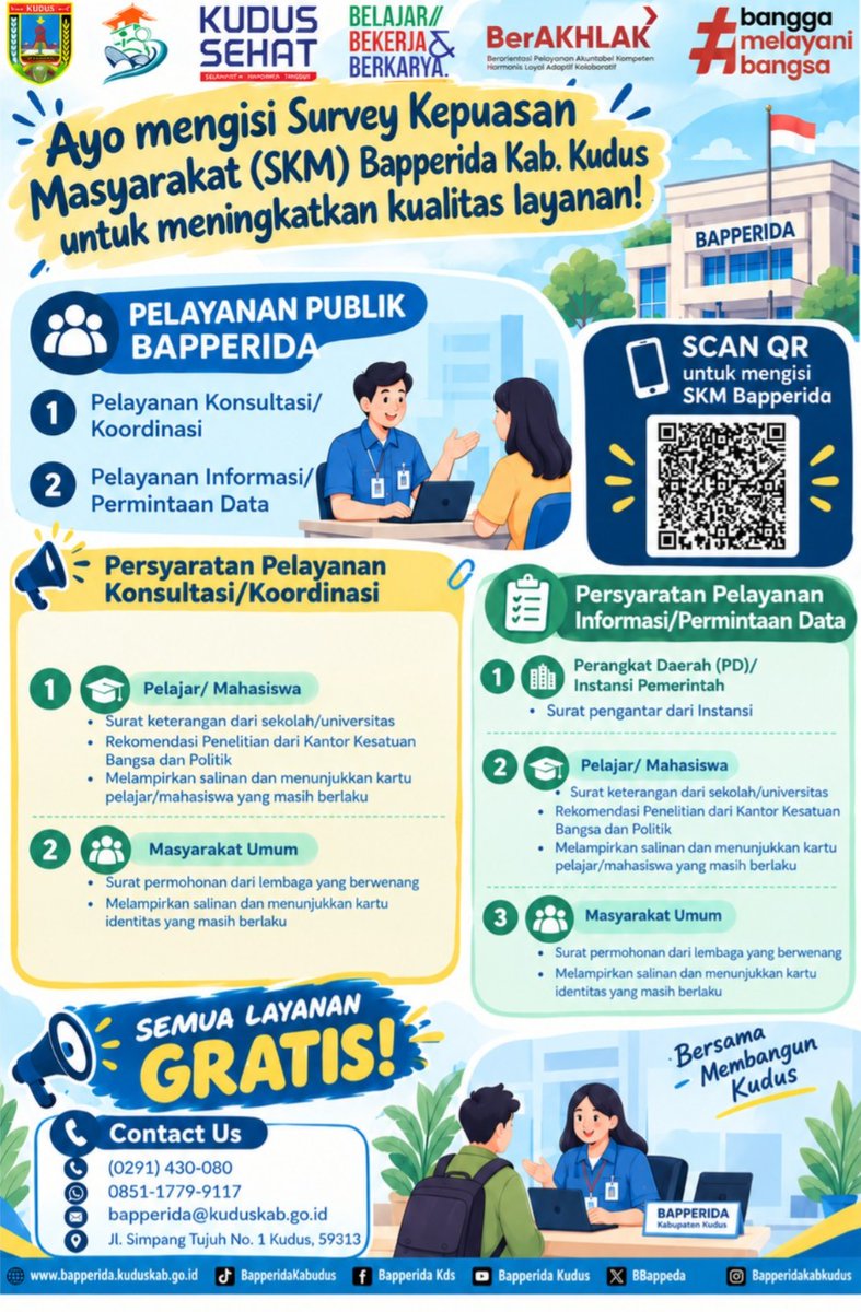 BBappeda's tweet photo. Halo Sobat Bapperida Kabupaten Kudus, 

Ayo mengisi Survey Kepuasan Masyarakat (SKM) Bapperida Kabupaten Kudus untuk meningkatkan kualitas layanan

Pelayanan Publik Bapperida terdiri dari : 
1. Pelayanan konsultasi/koordinasi
2. Pelayanan informasi/permintaan data https://t.co/wc2Cwx2f34