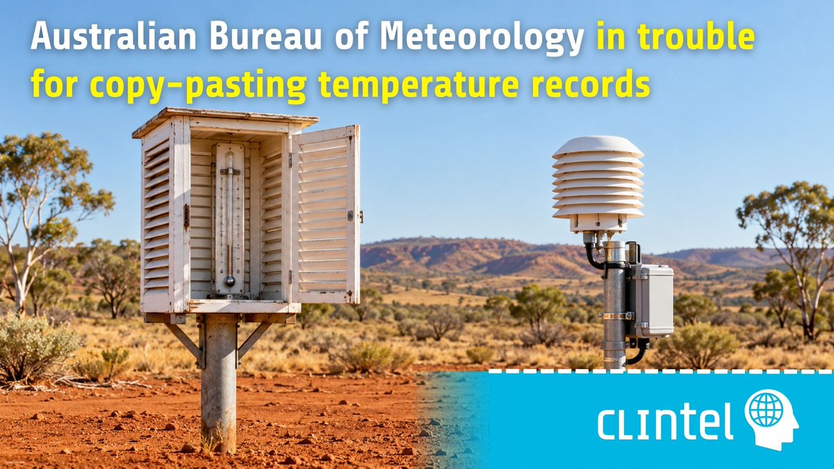ClintelOrg's tweet photo. Remarkable: an entire month of copied temperature readings, a historical heat record deleted, and comparison measurements largely kept under wraps.

@JennMarohasy examines Australia’s temperature archives:

▪️ All 31 minimum temperatures for August 1907 also appear under August 1867. The original observation books show different readings.
▪️ The 51.7°C recorded at Bourke on 3 January 1909 has been removed from the official dataset.
▪️ Other historical heat extremes were never digitised.
▪️ Parallel measurements from mercury thermometers and electronic sensors remain largely unpublished.

Her blunt conclusion: management at Australia’s Bureau of Meteorology prefer the hottest years to be recent years. In her assessment, that is why the old heat record had to go.

A weather bureau should preserve the measurement history. Not the history it finds most convenient.