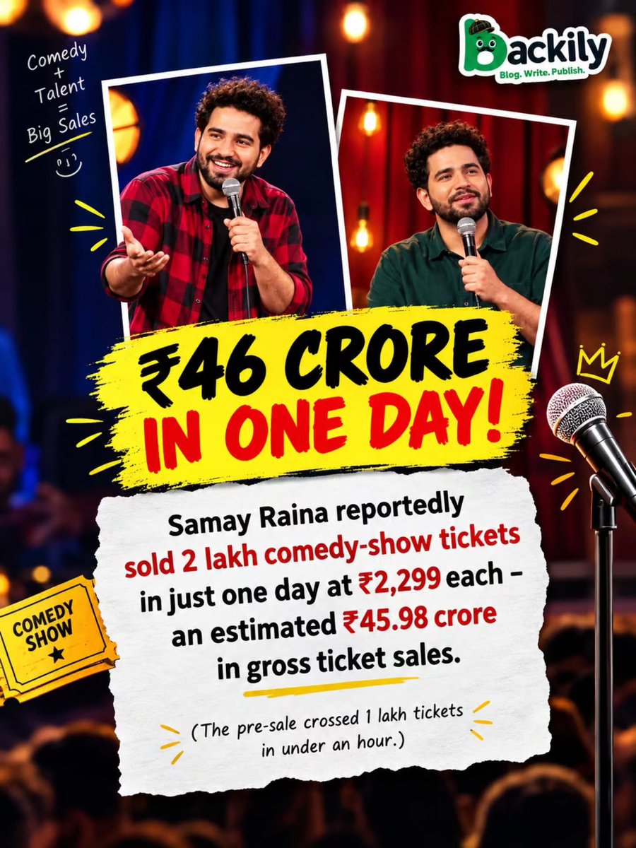 limapietra4i's tweet photo. ₹46 crore in one day! Samay Raina’s comedy show reportedly sold 2 lakh tickets at ₹2, 299 each, generating an estimated ₹45. 98 crore. Pre-sales crossed 1 lakh tickets in under an hour. https://t.co/Yp6Bl5log8