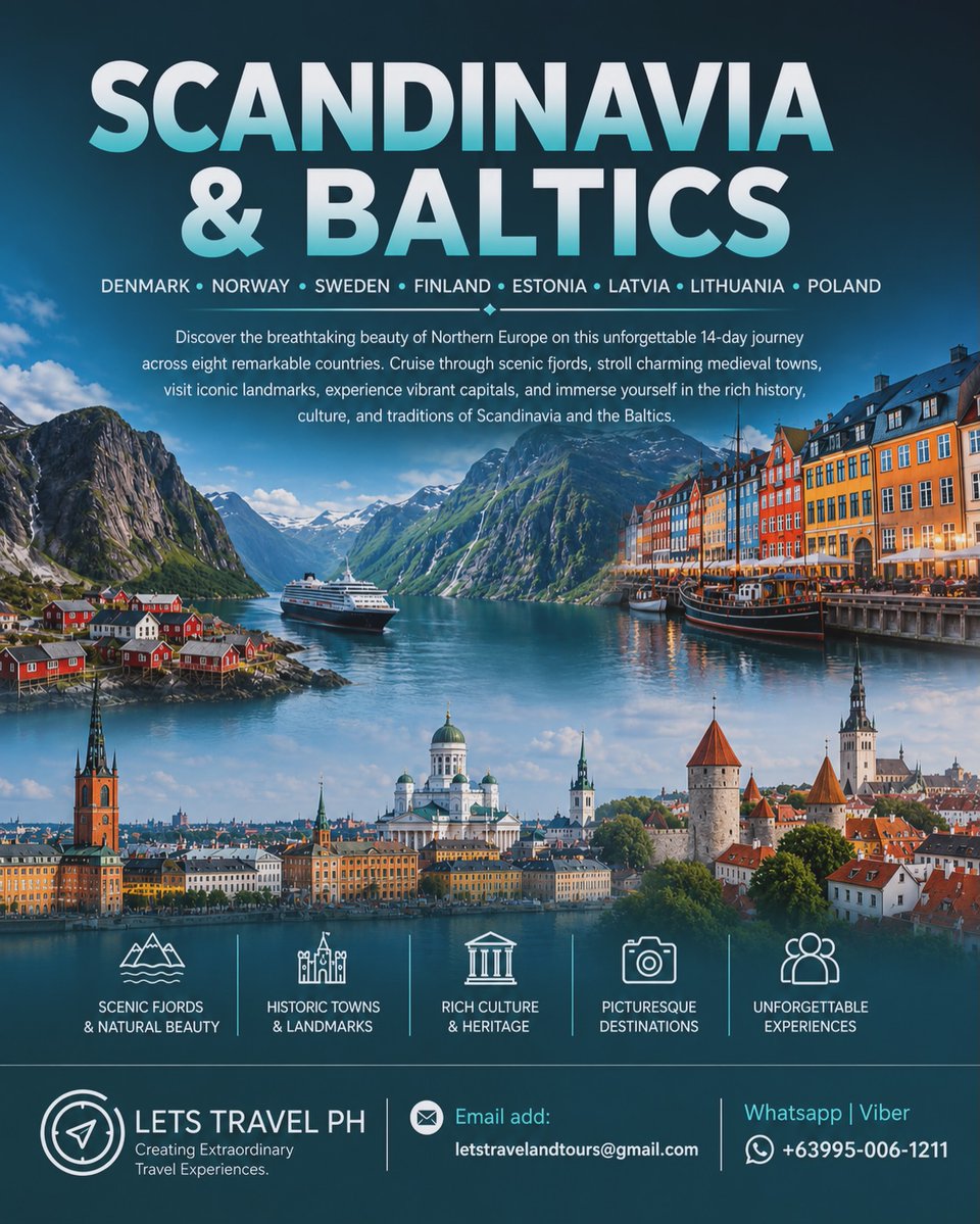 MeredEOAvaloFrR's tweet photo. Scandinavia &amp; Baltics: 14 days, 8 countries. Explore Nordic capitals, ferry cruises, medieval towns, castles, and landmarks. Departing December 16, 2026. USD 4, 250 per person. Minimum 25 travelers. Reserve your seat today. https://t.co/j0MIdhN4Hq