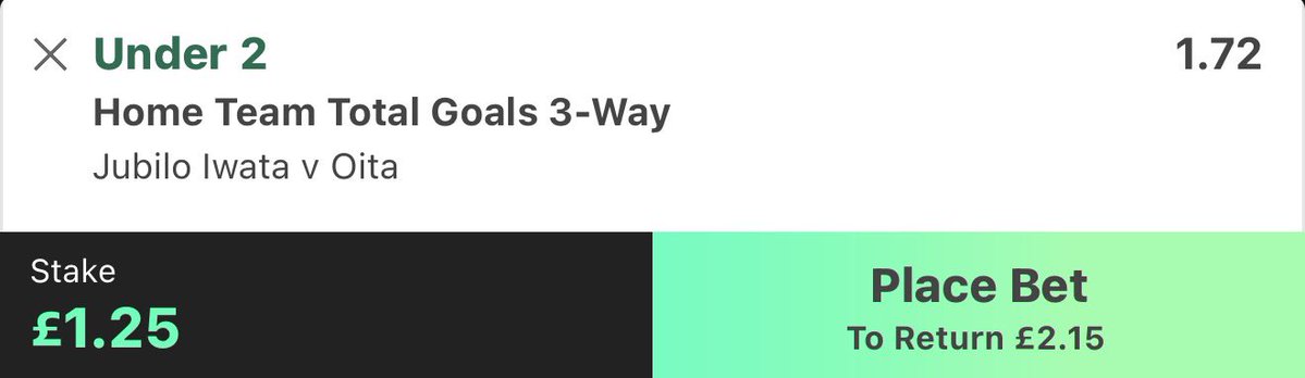 NoSweatBets__'s tweet photo. JUBILO IWATA vs OITA TRINITA 🇯🇵

💰 1.25u

▪️Jubilo Iwata Under 2 Goals

📊 Jubilo Iwata have stayed under 2 goals in 14/15 home games this season.

⚽️ Oita Trinita have conceded under 2 goals in 12/15 away games this season.

All stats from @StatsHubCom 🤝 https://t.co/H9j9S2NuVk