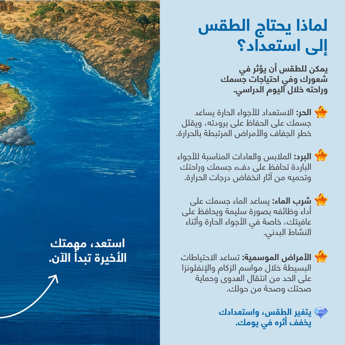 EMPHNET's tweet photo. بين أيام الحر والبرد ومواسم الأمراض، تتغير احتياجات جسمك خلال العام الدراسي. 🌤️ مهمتك للأسبوع: انتبه لما يحتاج إليه جسمك، واختر ما يحافظ على صحتك وراحتك، وعدّل عاداتك بما يناسب الطقس من حولك.🎯
كل المهام الصحية المدرسية الثماني: مكتملة!✅ https://t.co/XFDshWgXc0