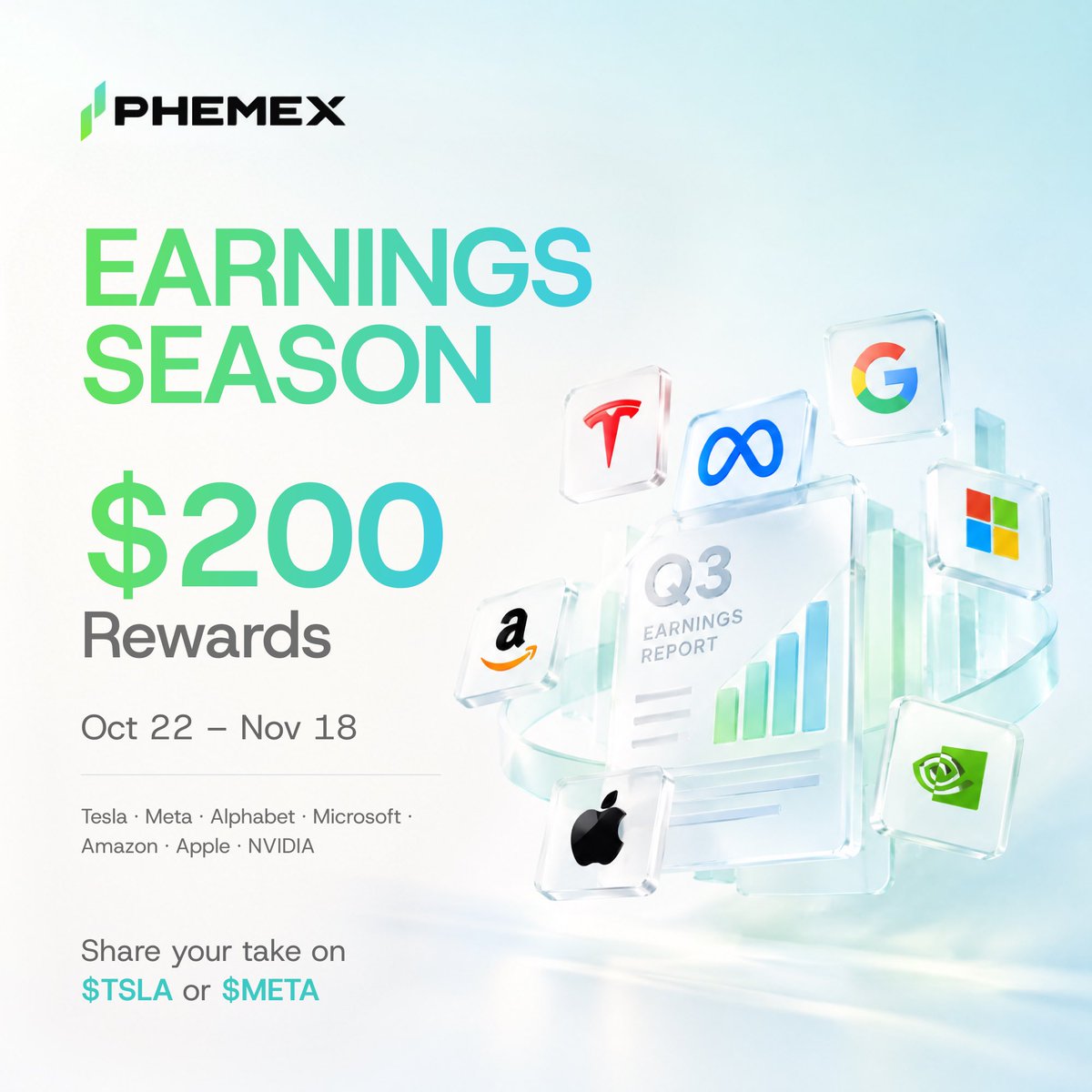 Phemex_official's tweet photo. Earnings season is on. Tesla and Meta report this week. 

Alphabet, Microsoft, Amazon, Apple and NVIDIA follow through mid-November. 

🤑 $200 pool. 20 winners. $10 USDT Bonus each.

✅ Follow @Phemex_official, share your view & Phemex UID below
✅ Post with #EarningsSeason and tag the ticker you’re watching

Oct 21 – Oct 30