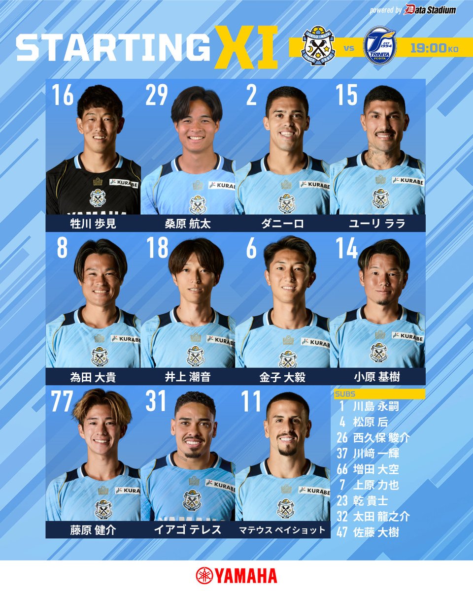 Jubiloiwata_YFC's tweet photo. 𝗧𝗵𝗲 𝗦𝘁𝗮𝗿𝘁𝗶𝗻𝗴 𝗫𝗜

明治安田J2リーグ｜第12節
🆚 大分トリニータ
📆 10/21(水)19:00
📍 ヤマハスタジアム

#磐田大分
#ジュビロ磐田 https://t.co/8fzbkWOGrJ
